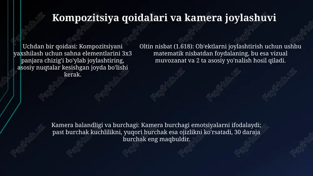 kliplarni birlashtirish, kesish va ranglarni tuzatish mumkin, masalan, rgb qiymatlarini 0 dan 1 gacha sozlash orqali. video tahrirlashda, blenderning video sequence editor (vse) yordamida bir nechta video kliplarni birlashtirish, kesish va ranglarni tuzatish mumkin, masalan, rgb qiymatlarini 0 dan 1 gacha sozlash orqali. muammolarni bartaraf etish va yechimlar agar renderda tasvir kesilgan bo'lsa, kamera sozlamalaridagi clip start va clip end masofalarini obyekt hajmi bo'yicha optimal qiymatga moslang. kamera yo'nalishini o'zgartirishda qiyinchiliklar bo'lsa, transform panelidagi rotation qiymatlarini 0, 90, yoki 180 gradusga to'g'rilab ko'ring. kamera fokusini sozlashda depth of field parametrini o'zgartiring va f-stop qiymatini kamaytirib, xiralikni oshiring, yoki aksincha qiling. kamera bilan ishlash bo'yicha maslahatlar va fokuslar 'focal length' (fokus masofasi) sozlamalaridan foydalanib, 35mm yoki 50mm kabi qiymatlarni sinab ko'ring. kichik o'zgarishlar kompozitsiyaga katta ta'sir ko'rsatishi mumkin. kamera chuqurligini boshqarish uchun 'aperture' (diafragma) qiymatini kamaytiring. f-stop 2.8 yoki 4.0 kabi past raqamlar yuzaga keskinlikni qo'shadi. kameraning 'clipping start' va 'clipping …