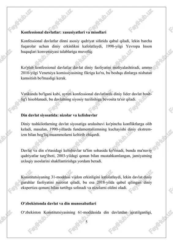 ud bo'lib, davlatlar hamkorligini kuchaytiradi. ekstremizm va terrorizmning oldini olish uchun 2021-yildan boshlab joriy etilgan 'ma’rifat' markazlari aholi orasida targ‘ibot ishlarini olib boradi. davlat va din munosabatlarining istiqbollari davlat va din munosabatlarida 2030 yilgacha ta'limning dunyoviyligi prinsipini saqlash, diniy ta'lim muassasalari faoliyatini qonun doirasida tartibga solish muhim. konstitutsiyaning 57-moddasiga muvofiq, davlat diniy tashkilotlarning faoliyatiga aralashmasligi, lekin ularning ekstremistik harakatlariga qarshi kurashish uchun 24 soat monitoring olib borishi lozim. kelajakda, davlat va din o'rtasidagi munosabatlar 75 foiz tolerantlik, 25 foiz qonun ustuvorligiga asoslanib, jamiyatda barqarorlikni ta'minlashga qaratiladi. xulosa diniy erkinlikni ta'minlash uchun davlat va din o'rtasidagi munosabatlar konstitutsiyaviy prinsiplarga asoslanishi va har bir fuqaroning huquqlarini himoya qilishi kerak. foydalanilgan adabiyotlar 1. fillip shaff, "cherkov va davlat: qo'shma shtatlarda" (philip schaff, "church and state in the united states") 2 0 0 0 2