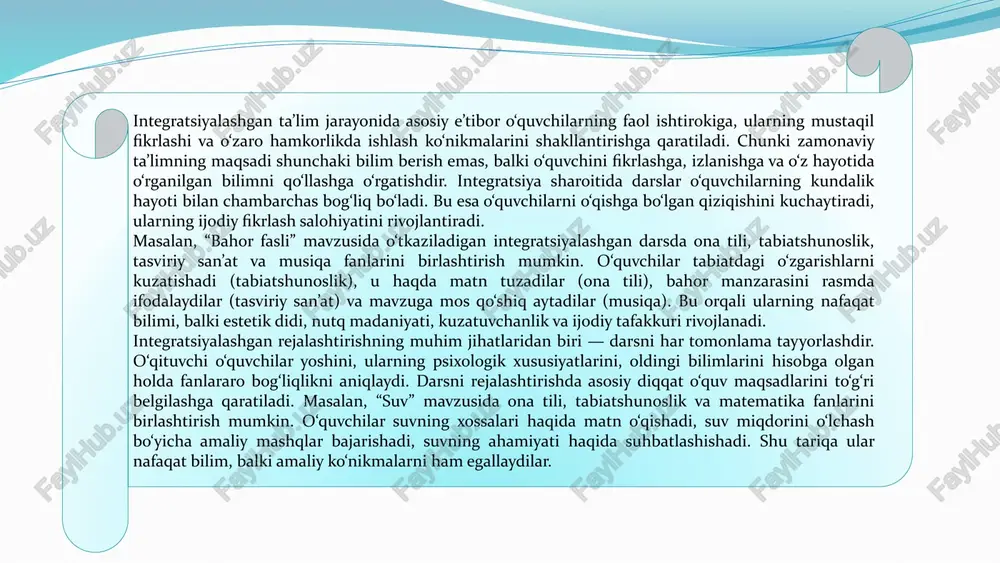 htirilishi kerak. har bir fan bo‘yicha mavzulararo bog‘liqliklar aniq ko‘rsatilsa, o‘qituvchiga darsni integratsion tarzda o‘tish osonlashadi. shu yo‘l bilan ta’lim jarayoni izchil, mazmunli va o‘quvchi uchun qiziqarli bo‘ladi. integratsiyalashgan ta’lim jarayonining samaradorligini ta’minlash uchun o‘qituvchining kasbiy mahorati, metodik tayyorgarligi va kreativ yondashuvi muhim ahamiyat kasb etadi. chunki integratsiya bu oddiygina ikki yoki undan ortiq fanlarni birlashtirish emas, balki ular orasidagi mazmuniy, maqsadli, faoliyatli va natijaviy bog‘liqlikni aniqlashdir. o‘qituvchi bu bog‘liqlikni to‘g‘ri topa olsa, dars jarayoni o‘quvchi uchun qiziqarli, mazmunli va o‘ziga xos bo‘ladi. boshlang‘ich ta’limda integratsiyalashgan yondashuvni qo‘llashda o‘quv faoliyatini bosqichma-bosqich rejalashtirish zarur. darsning har bir bosqichi — kirish, yangi bilimni o‘zlashtirish, mustahkamlash, nazorat va baholash — integratsion ruhda tashkil etilishi kerak. masalan, darsning kirish qismida o‘quvchilarning ilgari o‘rganilgan fanlardagi bilimlarini esga solish, ular o‘rtasida mantiqiy bog‘liqlik o‘rnatish lozim. yangi bilimni o‘zlashtirishda esa o‘qituvchi turli fanlardan olingan misol, fakt va tajribalarga tayanadi. bu jarayon o‘quvchilarda tahliliy fikrlashni, sabab-oqibat aloqalarini anglashni …