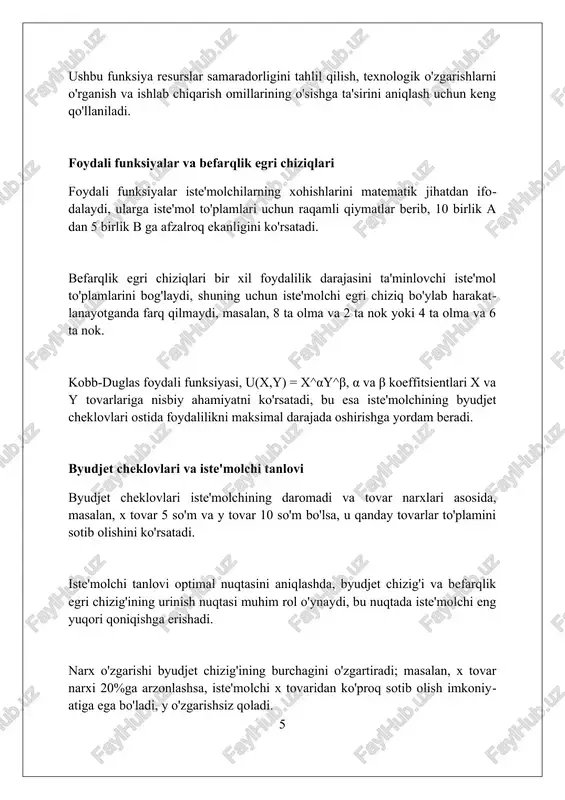 il qiladi, bu erda investitsiyalar i(i) funktsiyasi sifatida foiz stavkasiga teskari bog'liq. solow o'sish modeli kapital (k) va mehnat (l) resurslari bilan yaim (y) o'rtasidagi bog'liqlikni y = a * f(k, l) kobba-duglas funktsiyasi orqali ifodalaydi, 'a' texnologik o'zgarishlarni aks ettiradi. xulosa va kelajak yo'nalishlari funksiyalarni dinamik modellashtirish orqali iqtisodiy o'sishning 5-10 yillik tendensiyalarini prognoz qilishda aniqlikni oshirish, shu bilan birga, xatarlarni 15% kamaytirish mumkin. katta ma'lumotlar tahlilida funksiyalarni qo'llash orqali iste'molchilarning xatti-harakatlarini modellashtirish, mahsulot sotuvini 25% ga oshirish va marketing xarajatlarini 12% ga kamaytirishga olib kelishi mumkin. sun'iy intellekt va mashinaviy o'qitish algoritmlarida funksiyalardan foydalanib, moliyaviy risklarni baholashda yangi avlod modellarni yaratish va kredit berish qarorlarini 30% tezlashtirish mumkin. xulosa iqtisodiyotda funksiyalarni qo'llash talab va taklifni tahlil qilish, xarajatlarni minimallashtirish va foydani optimallashtirish kabi muhim qarorlarni qabul qilishga yordam beradi. foydalanilgan adabiyotlar 1. alpha c. chiang, kevin wainwright. (2005). matematik usullar iqtisodchilar uchun. mcgraw-hill/irwin. 2. michael hoy, john livernois, …