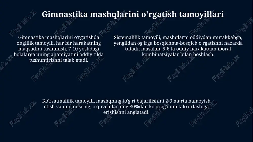 rlik gimnastikachiga 5 asosiy jismoniy sifatni (kuch, tezlik, chidamlilik, moslashuvchanlik, chaqqonlik) rivojlantirish usullarini o'rgatadi. gimnastika bo'yicha musobaqalarni o'tkazish qoidalari har bir gimnastikachi chiqishi uchun belgilangan vaqtga ega, masalan, 30-90 soniya oralig'ida. bu vaqtni oshirib yuborish ballar kamayishiga olib kelishi mumkin va qoidalarda qat'iy belgilangan. gimnastika bo'yicha musobaqalarda sportchilarning chiqish tartibi qur'a tashlash yo'li bilan aniqlanadi, bu esa barcha ishtirokchilar uchun adolatli imkoniyat yaratadi va 1-raqam ostida chiqish imkonini beradi. hakamlar hay'ati har bir chiqishni baholaydi, xatolarni, texnikani va artistizmni hisobga oladi, 10 ballik tizim asosida ball qo'yadi. bu ballar umumiy natijani aniqlaydi. gimnastika bo'yicha istiqbolli yo'nalishlar gimnastikada raqamli baholash tizimlarining rivojlanishi, xakamlar xatolarini kamaytirish va musobaqalarda shaffoflikni oshirishga yordam beradi; baholashning aniqligi 95% gacha oshishi kutilmoqda. gimnastika mashg'ulotlarida 3d texnologiyalarni qo'llash, sportchilarning harakatlarini aniq tahlil qilish va optimal mashq dasturlarini yaratish imkonini beradi. sun'iy intellekt (ai) yordamida gimnastikachilarning jarohat olish xavfini baholash va individual profilaktika choralarini ishlab chiqishning istiqbolli yo'nalishi …