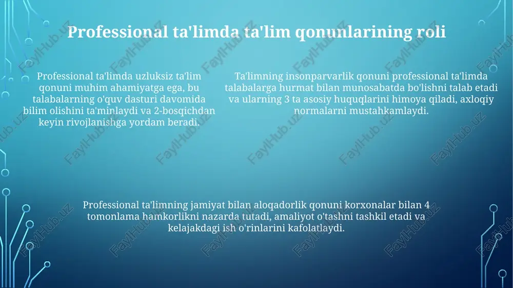 faol rivojlantirilmoqda. ta'lim sifati oshirish maqsadida, '2030 yilgacha o'zbekiston respublikasi ta'lim tizimini rivojlantirish konsepsiyasi' doirasida raqamli ta'lim resurslari keng joriy etilmoqda. oliy ta'lim muassasalarining avtonomiyasi kengaytirilib, ularning moliyaviy mustaqilligini ta'minlash, shuningdek, ilmiy-tadqiqot faoliyatini kuchaytirish tendentsiyasi kuzatilmoqda. tadqiqot natijalari va amaliy tavsiyalar tadqiqotlar natijalari shuni ko'rsatadiki, talabalarning 80% i amaliy ko'nikmalarni egallash uchun simulyatsiya usullaridan foydalanishni afzal ko'radi. professional ta'limda tadqiqotlar 70% holatda o'quv jarayonini optimallashtirish uchun zamonaviy pedagogik texnologiyalarni joriy etish zarurligini ko'rsatadi. amaliy tavsiyalar shuni ko'rsatadiki, darslarning 65% interaktiv usullarda tashkil etilganda, o'zlashtirish darajasi 25% ga oshadi. xulosa xulosa shuni ko'rsatadiki, ta'lim qonunlari o'quv jarayonining samaradorligini oshirish uchun integratsiyalashgan yondashuvni talab qiladi, bu esa 14 yoshdan 25 yoshgacha bo'lgan shaxslarga ta'sir qiladi. umumiy xulosa, kasbiy ta'limda tarbiyaning roli 70% ko'nikmalarni shakllantirishga va 30% nazariy bilimlarni o'zlashtirishga yo'naltirilishi kerakligini ko'rsatadi. xulosa shuni ta'kidlaydiki, ta'lim qonunchiligiga muvofiq o'quv dasturlarini takomillashtirish maqsadga muvofiq, bu esa 90% bitiruvchilarning ish bilan ta'minlanishiga olib kelishi …