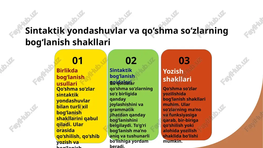 bir yoki bir necha ildiz va qo‘shimchalardan tashkil topib, yangi ma’no hosil qiladi. 2 yozilish qoidalari qo‘shma so‘zlarning yozilishi tilshunoslik qoidalariga muvofiq bo‘lib, ildizlar orasidagi bog‘lanish va strukturaga asoslanadi. bu yozilishda o‘ziga xos tartib va qoidalar mavjud. 3 shakllanish jarayoni qo‘shma so‘zlar shakllanishida morfologik birikmalar va so‘z birikmasi elementlari muhim rol o‘ynaydi. bu jarayon til rivojlanishi va madaniyat bilan chambarchas bog‘liq. tarixiy va madaniy meros sifatida qo‘shma so‘zlar qoidalarining rivojlanishi 1 an'anaviy rivojlanish qo‘shma so‘zlarning yozilish qoidalari o‘zgarib, xalqning til madaniyati va tarixiy an’analarga asoslangan holda shakllangan. bu jarayon milliy meros sifatida muhim ahamiyatga ega. 2 madaniyat bilan bog‘liqlik madaniy meros sifatida, qo‘shma so‘zlar tilimizda milliy qadriyatlar va an’analarni ifodalashda muhim rol o‘ynaydi. bu yozish tartiblari avloddan-avlodga o‘tib keladi. 3 tarixiy o‘sish tarix davomida qo‘shma so‘zlarning yozilish qoidalari rivojlandi, yangi shakllar va yozish usullari paydo bo‘ldi. bu jarayon tilimizning boy tarixiy merosini tashkil etadi. madaniyat va til o‘rtasidagi o‘zaro ta’sir: …