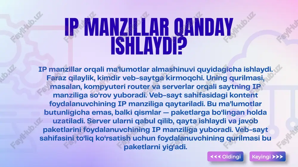 i tezlashtirish parolni himoya qilish tarmoq va host qismini ajratish dnsni aniqlash a d c b to’g’ri javob... b) tarmoq va host qismini ajratish reja keyingi ⮞⮞⮞ “127.0.0.1” nimani bildiradi? localhost default gateway dns server public ip a d c b to’g’ri javob... a) localhost reja keyingi ⮞⮞⮞ dns server nima qiladi? ip ni domen nomiga aylantiradi internet tezligini oshiradi fayllarni saqlaydi ip ni yashiradi a d c b to’g’ri javob... a) ip ni domen nomiga aylantiradi reja keyingi ⮞⮞⮞ statik ip qanday olinadi? qo‘lda kiritiladi dns orqali dhcp orqali avtomatik router tomonidan tanlanadi a d c b to’g’ri javob... a) qo‘lda kiritiladi reja keyingi ⮞⮞⮞ ping buyrug’i nima uchun ishlatiladi? tarmoq ulanishini tekshirish fayl yuborish ip yaratish parolni o‘zgartirish a d c b to’g’ri javob... a) tarmoq ulanishini tekshirish reja keyingi ⮞⮞⮞ default gateway nima? dns manzili mac manzil tarmoqdagi chiqish nuqtasi firewall a d c b to’g’ri javob... …