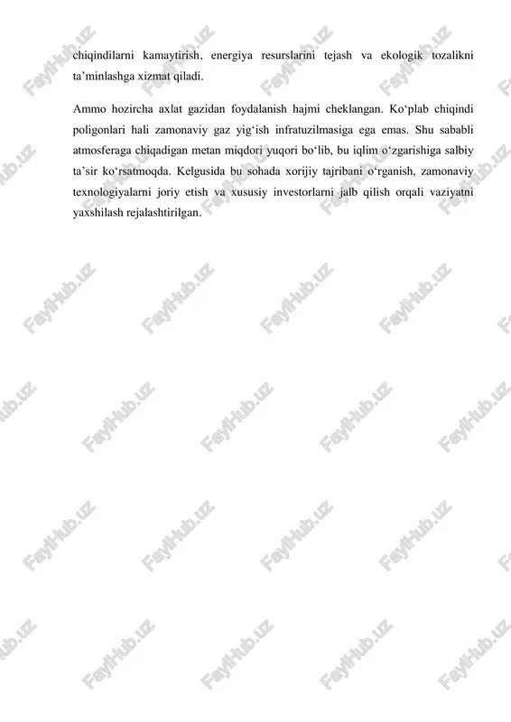 biat resurslaridan oqilona foydalanish. – toshkent: fan va texnologiya, 2019. 3. mirzayev b. qayta tiklanuvchi energiya manbalari. – toshkent: innovatsiya nashriyoti, 2021. 4. hasanov t., abdullayev d. chiqindilarni qayta ishlash va biogaz texnologiyasi. – toshkent: tdtu nashriyoti, 2018. 5. o‘zbekiston respublikasi ekologiya, atrof-muhitni muhofaza qilish va iqlim o‘zgarishi vazirligi rasmiy sayti — www.eco.gov.uz 6. biogas from waste materials: environmental and energy benefits. – unep report, 2022. 7. xalilov i. atrof-muhit muammolari va ularni hal etish yo‘llari. – toshkent: o‘zbekiston davlat ekologiya universiteti nashriyoti, 2020.
