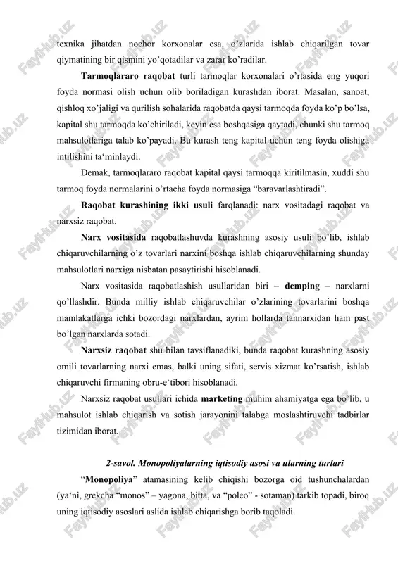 shyo miqdori, tovar aylanmasi hajmi, foyda hajmi. kapitalning to’planishi kapitalning markazlashuvi jarayoni bilan yanada to’ldiriladi. kapitalning markazlashuvi – bu bir kapital tomonidan boshqa birining qo’shib olinishi yoki bir qancha mustaqil kapitallarning aktsiyadorlik jamiyati shaklida ixtiyoriy birlashishi orqali kapital hajmining o’sishidir. monopoliyalarning turlari quyidagilardan iborat: 1. bozorni qamrab olish darajasiga ko’ra: a) sof monopoliya; b) oligopoliya; v) monopoliya. sof monopoliya – tarmoqdagi yagona ishlab chiqaruvchi yoki sotuvchining narx va ishlab chiqarish hajmini belgilashdagi yakka hukmronlik holati hisoblanadi. masalan, o’zbekistonda sof monopoliyalar sifatida “o’zbekiston havo yo’llari” dak, “o’zbekiston temir yo’llari”dak, toshkent aviatsiya ishlab chiqarish birlashmasi shular jumlasidandir. oligopoliya – tarmoqdagi bir necha yirik ishlab chiqaruvchi yoki sotuvchining narxi va ishlab chiqarish hajmini belgilashdagi hukmronlik holati hisoblanadi. oligopolist–ishlab chiqaruvchilarga o’zbekistonda tsement (asosan, bekobod, kuvasay, ohangaron, navoiy shaharlarida joylashgan), ko’mir (angren shahri, surxondaryo viloyatining sariosiyo (shargun) va boysun (to’la) tumanlarida joylashgan) ishlab chiqarishni misol keltirish mumkin. monopoliya – tarmoqdagi ishlab chiqaruvchi yoki sotuvchilar soni …