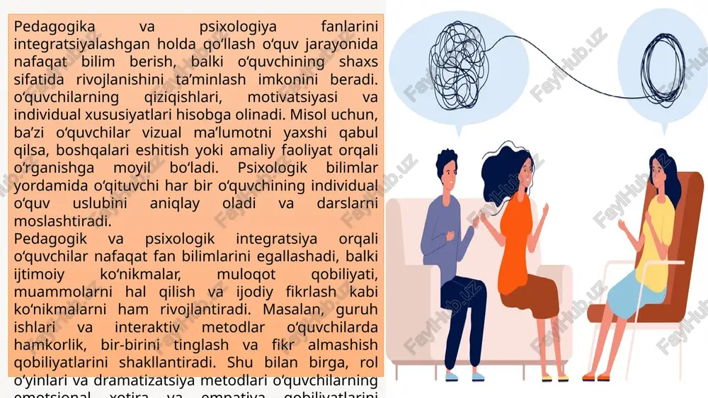 ntellektini oshiradi. shuningdek, o‘quvchilarda ijodiy fikrlash va muammolarni hal qilish qobiliyatlari shakllanadi, chunki ular dars davomida turli vaziyatlar va vazifalarni mustaqil yoki guruh bilan yechadilar. xulosa 9 pedagogika va psixologiya fanlarini integratsiyalashgan yondashuv zamonaviy ta’limning ajralmas tarkibiy qismi bo‘lib, o‘quv jarayonini nafaqat samarali, balki shaxsiy rivojlanishga yo‘naltirilgan holga keltiradi. bu yondashuv o‘quvchilarning bilim olish motivatsiyasini oshirish, ijodiy fikrlash va muammolarni mustaqil hal qilish ko‘nikmalarini shakllantirish, shuningdek, ijtimoiy va emotsional rivojlanishini qo‘llab-quvvatlash imkonini beradi. integratsiyalashgan ta’lim jarayonida pedagogik va psixologik bilimlar uyg‘un ishlatiladi. shu orqali o‘qituvchi nafaqat o‘quv materialini yetkazadi, balki har bir o‘quvchining individual xususiyatlarini hisobga olib, darsni moslashtiradi. interaktiv metodlar, guruh ishlari, dramatizatsiya va loyihaviy faoliyatlar o‘quvchilarda hamkorlik, muloqot, empatiya va kreativ qobiliyatlarni rivojlantiradi. shu bilan birga, psixologik yondashuvlar stressni kamaytirish, e’tibor va diqqatni jamlash, o‘zini o‘zi boshqarish va mas’uliyatni shakllantirish kabi jihatlarni ta’minlaydi. fanlararo integratsiya o‘quvchilarga faqat nazariy bilimlarni egallash imkonini bermaydi, balki ularni amaliyotga tatbiq etishga, real …