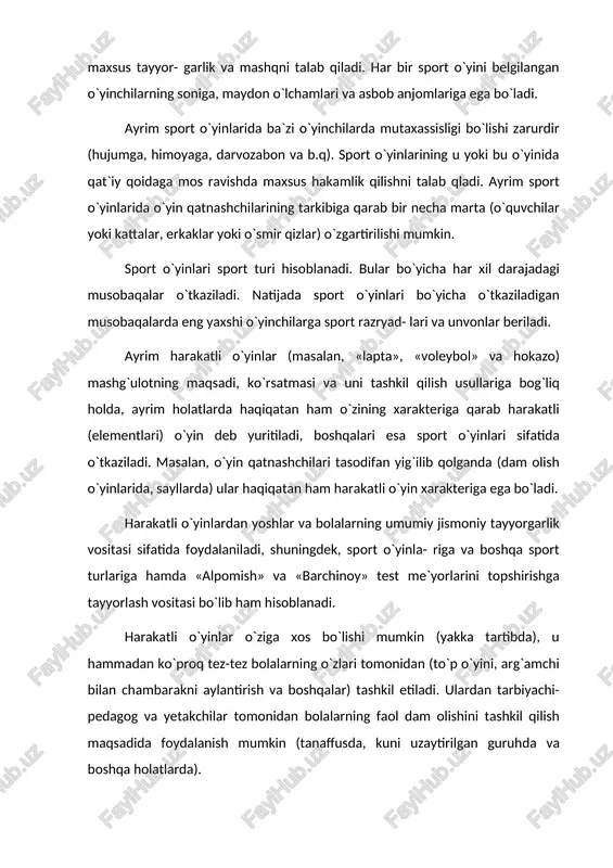 a bo`lib o`ynaladigan (guruh) harakatli o`yinlar alohida pedagogik ahamiyatga ega bo`ladi, chunki ularda o`ynovchi guruhlar, sinflar, zvenolar, bo`limlar va sport seksiyasida shug`ullanuvchilar qatnashadilar. jamoa bo`lib o`ynaladigan harakatli o`yinlarda har doim musobaqalashish elementi o`ziga xos bo`lib (har bir kishi o`zi uchun yoki har bir kishi o`z jamoasi uchun), shuningdek, belgilangan maqsadga erishishida, qiziqishni uyg`otishda bir-biriga yordam berish va o`zaro yordamdan iborat bo`ladi. jamoa o`yinlarining o`ziga xosligi shundan iboratki, o`yinda hamma — vaqt holatni o`zgarib turishi, o`yinchilardan tezlik reaksiyasi talab qilinadigan bo`ladi. shuning uchun o`yin jarayonida o`zaro munosabat har doim o`zgarib turadi: har bir kishi o`zi uchun yoki o`zining jamoasi uchun «raqib- lari»ga nisbatan eng qulay holatni yaratishga intiladi. harakatli o`yinlar bo`yicha musobaqalar o`tkaziladi. ular alohida o`yinlar bo`yicha o`tkazilishi mumkin, o`yinga qo`yilgan vazifa taxminan bir xil sinflar bir xil yoshdagi o`quvchilarning jismoniy imkoniyatlariga mos kelishi kerak. biroq harakatli o`yinlar majmuasi bo`yicha musobaqa o`tkazishning pedagogik ahamiyati shundaki, bunga har xil jismoniy sifat va …