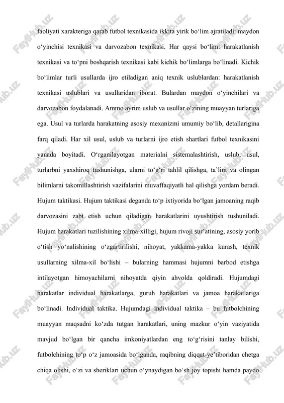 ga qanchalar tez chiqib olishiga va to‘p olgandan keyin qanday harakat qilishiga bog‘liq. hujumchilar asosan maydon bo‘ylab manyovr qilib, to‘psiz harakatlanib yuradilar. manyovr qilish – bu futbolchining ochilib chiqishga va raqibni chalg‘itishga qaratilgan ko‘p martalab joy almashtirishi. hamma harakatlarning natijasi, pirovardida matchning qanday tugashi, o‘yinchilarning qanchalar to‘g‘ri pozitsiya tanlashiga, ayni paytda to‘pni diqqat-e’tibordan chetda qoldirmay, futbolchiga sheriklaridan qanchasi o‘zini «taklif etishi»ga bog‘liq. qanotda o‘ynaydigan hujumchining qanday ochilgani ma’qulroq ekani rasmda ko‘rsatilgan. 3-o‘yinchi to‘pni qanotga uzatib bermoqchi; uning sherigida ochilishning ikkita varianti bor: a) to‘pning himoyachi orqasiga, uzoqdagi bo‘sh joyga uzatilishi uchun qulay sharoit yaratib, himoyachi bilan qariyb bir chiziqqa chiqish (bu variant hujumchi himoyachiga nisbatan tez yugura olsagina ish beradi); b) o‘zi bilan himoyachi orasidagi masofani uzoqlashtirib hamda shundoqqina oyog‘iga uzatib berishlari yoki «chala» uzatishlari uchun sharoit yaratib, o‘z darvozasi tomon harakatlana boshlash. «ochilish» taktik harakati. sheriklaridan hech biri markazdan hujum qilmayotgan bo‘lsa, qanot hujumchisi raqib darvozasiga bevosita xavf solish …