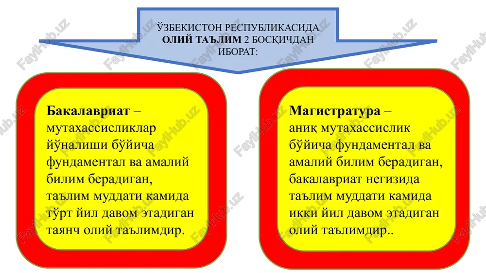 ingdek, 2 va 3 yillik maxsus va kasbiy –texnik kollejlar mavjud. oo'yudan keyin magistratura va doktoranturada tahsil olish mumkin. janubiy koreya oliy ta'lim quyidagi bosqichlarda olib boriladi: bakalavriat, magistratura, doktorantura. bakalavriatda o'qish muddati 4 yil. talabalar 140-150 soat atrofida tahsil oladilar. magistraturada o'qish muddati 2-3 yil. o'qish yakunida talabalar dissertatsiya yoqlaydi-lar. doktoranturada o'qish muddati 3-4 yil. o'qish yakunida doktorlik dissertatsiyasi himoya qilinadi, og'zaki yoki sohaviy maxsus imtihon topshiriladi. ta'lim tizimini tashkil etish va sifatini oshirishda xalqaro standartlarning ahamiyati. ta'lim tizimini tashkil etish va sifatini oshirishga oid bmt hujjatlari: 1) inson huquqlari umumjahon deklaratsiyasi (10.12.1948 y. 217a(iii) rezolyutsiya); 2) iqtisodiy, ijtimoiy va madaniy huquqlar to'g'risidagi xalqaro pakt (16.12.1966 y.); 3)ta'lim sohasidagi diskriminatsiyaga qarshi kurash to'g'risidagi konventsiya (15.12.1960 y.); 4) kasbiy va texnik ta'lim to'g'risidagi konventsiya (10.11.1989 y.); 5) bola huquqlari to'g'risidagi konventsiya (20.11.1989 y.); 6) “xxi asr uchun oliy ta'lim: yondashuvlar va amaliy choralar” butunjahon deklaratsiyasi (09.10.1998 y.); 7) ijtimoiy taraqqiyot …