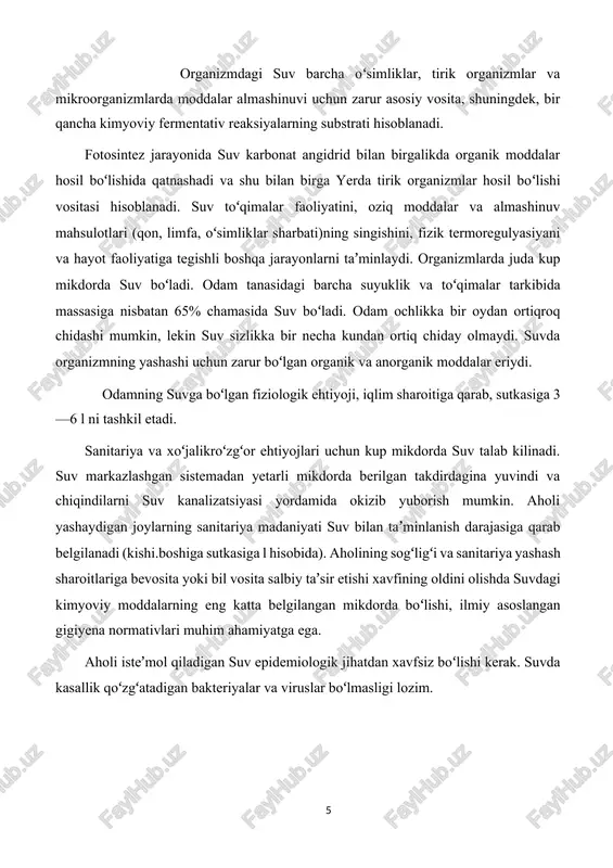 oldini olishda suvdagi kimyoviy moddalarning eng katta belgilangan mikdorda boʻlishi, ilmiy asoslangan gigiyena normativlari muhim ahamiyatga ega. aholi isteʼmol qiladigan suv epidemiologik jihatdan xavfsiz boʻlishi kerak. suvda kasallik qoʻzgʻatadigan bakteriyalar va viruslar boʻlmasligi lozim. suv muammosi. maʼlumki sayyoramizning 70 % suv bilan qoplangan, bu suvning katta qismi butunlay muzlab qolgan yoki isteʼmol uchun yaroqsizdir. yerdagi chuchuk suvning deyarli uchdan ikki qismini antarktida muzliklari tashkil etadi. yerdagi koʻllar va daryolarda taxminan 85 ming kilometr kub suv oqadi, bu suvlarga u yoki bu jihatdan inson taʼsir koʻrsatadi. ayrim bashoratlarga koʻra, 2025 yilga kelib 52 ta mamlakat aholisi chuchuk suv tanqisligi muammosiga duch keladilar. sayyoramizning turli nuqtalarida daryolarni qoʻriqlash faoliyati bilan shugʻullanuvchi koʻpgina tashkilotlar mavjud. yerdagi eng azim daryolar va ularning ekologik xolatini koʻrib chiqamiz. amazonka amazonkaning maydonini aqsh xududi bilan solishtirish mumkin. bu xudud turli xil ajoyib biologik turlarga boy. bu erda sayyoramizdagi tropik oʻrmonlarning yarmidan koʻpi (deyarli 60 %) oʻsadi hamda …