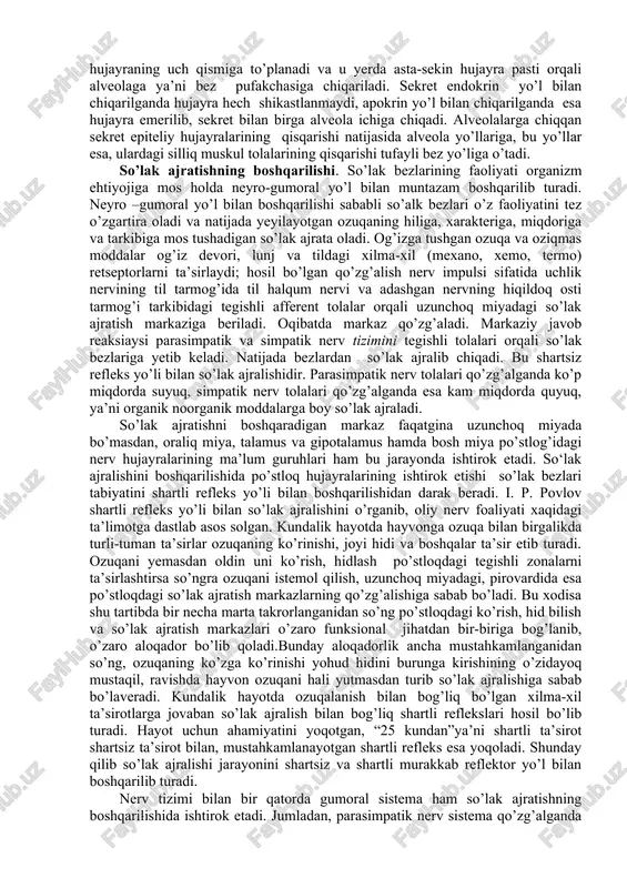 ldi so’lak bezlari yo’liga fistula o’rnatish. bez yo’lining joylashuviga qarab bu operatsiya otlar, qoramollar, cho’chqalar va boshqa hayvonlarda turlicha amalga oshiriladi. masalan, qo’ylar quloq oldi bezining yo’lini tashqariga chiqarib tikish uchun lunj 3-4 jag’ tishlarining ro’parasidan teshiladi. operatsiyaning qolgan qismi xuddi itlarnikidek amalga oshiriladi. bu usul uncha maqsadga muvofiq emas, chunki bunda vazifa hayvonning tegishli sulak bezining yoi’li tashqariga chiqarilib teriga tikib qo’yilganidan, organizmda ishlanadigan so’lakning bir qismidan mutlaqo maxrum bo’ladi. natijada hazm jarayonlari ozmi-ko’pmi izdan chiqadi: shu sababli hozir bu usulning bir muncha mukammallashtirilgan ko’rinishidan, jumladan, fistuladan chiqadigan so’lakni lunj devorida ochilgan ikkinchi teshik orqali rezina naycha bilan oziqa qayta quyish usulidan foydalaniladi: istalgan paytda so’lak olish imkoniyati bo’ladi-yu ammo tekshirish o’tkazilmaydigan paytda u og’iz bo’shlig’iga qayta quyilib, hazm jarayonlarida odatdagidek ishtirok etaveradi. barcha chorva mollarida so’lak ajralishini shu usul yordamida o’rganish mumkin. otlarda esa bundan tashqari ezofagotomiya (qizilo’ngachdan sun’iy teshik ochish) usuli ham qo’llaniladi. buning uchun operatsiya qilinib, …