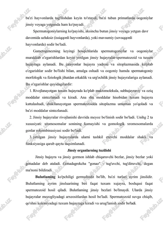 imlanadi. jinsiy organlarning tuzilishi jinsiy hujayra va jinsiy gormon ishlab chiqaruvchi bezlar, jinsiy bezlar yoki gonadalar deb ataladi. gonadagrekcha "gonao" - tug'uvchi, tug'diruvchi, degan ma'noni bildiradi. bulutlaming ko'pchiligi germafrodit bo'lib, ba'zi turlari ayrim jinslidir. bulutlaming ayrim jinsluarining biri faqat tuxum xujayra, boshqasi faqat spermatozoid hosil qiladi. bulutlaming jinsiy bezlari bo'imaydi. ularda jinsiy hujayralar mezogliyadagi arxeositlardan hosil bo'ladi. spermatozoid suvga chiqib, qo'shni koloniyadagi tuxum hujayraga kiradi va urug'lanish sodir bo'ladi. kovakichlilarning ham ko'pchilik turlari germafrodit bo'lib,! eho'ntaksimon jinsiy bezlari entodermada, ba'zi turlarida ektoderma va mczogliya o'rtasida joylashgan. kiprikli chuvalchanglarning erkaklik jinsiy organlari ko'plab unig'donlardan iborat bo'lib, ulardan urug' olib chiquvchi kanallar boshlanadi. bu kanallar yig'ilib, ikkita urug' kanalini hosil qiladi. urug' kanalining kengaygan joyi, urug' saqlovchi xalta deyilib, uning oxiri jinsiy qo'shilish organi bilan birlashgan. urg'ochilik jinsiy organlari bir juft tuxumdondan iborat. tuxumdonlardan bir juft tuxum yo'li boshlanib, ular birlashadi va jinsiy qo'shilish organining yonidan tashqariga ochiladi. juft tuxum yo'ii kanaliga …