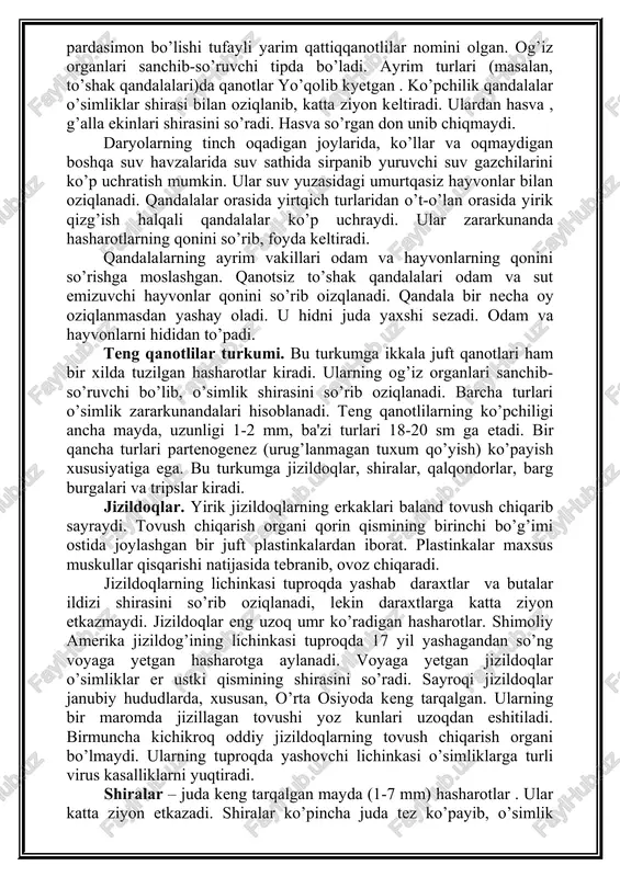 dasimon bo’lishi tufayli yarim qattiqqanotlilar nomini olgan. og’iz organlari sanchib-so’ruvchi tipda bo’ladi. ayrim turlari (masalan, to’shak qandalalari)da qanotlar yo’qolib kyetgan . ko’pchilik qandalalar o’simliklar shirasi bilan oziqlanib, katta ziyon keltiradi. ulardan hasva , g’alla ekinlari shirasini so’radi. hasva so’rgan don unib chiqmaydi. daryolarning tinch oqadigan joylarida, ko’llar va oqmaydigan boshqa suv havzalarida suv sathida sirpanib yuruvchi suv gazchilarini ko’p uchratish mumkin. ular suv yuzasidagi umurtqasiz hayvonlar bilan oziqlanadi. qandalalar orasida yirtqich turlaridan o’t-o’lan orasida yirik qizg’ish halqali qandalalar ko’p uchraydi. ular zararkunanda hasharotlarning qonini so’rib, foyda keltiradi. qandalalarning ayrim vakillari odam va hayvonlarning qonini so’rishga moslashgan. qanotsiz to’shak qandalalari odam va sut emizuvchi hayvonlar qonini so’rib oizqlanadi. qandala bir necha oy oziqlanmasdan yashay oladi. u hidni juda yaxshi sezadi. odam va hayvonlarni hididan to’padi. teng qanotlilar turkumi. bu turkumga ikkala juft qanotlari ham bir xilda tuzilgan hasharotlar kiradi. ularning og’iz organlari sanchib- so’ruvchi bo’lib, o’simlik shirasini so’rib oziqlanadi. barcha turlari …