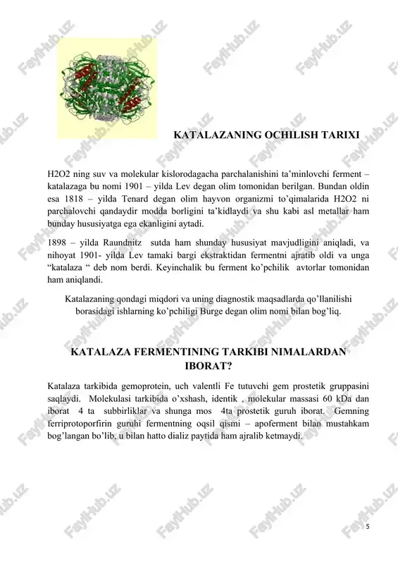 hi ketma- ketlik mavjud emas. lekin uning peroksisomaga yo’nalishini ta’minlovchi qandaydir signal bo’lishi kerak. zamonaviy ilmiy xulosalarga ko’ra, bunday funksiyani peroksisomaning ko’pchilik oqsillarining karboksil uchida joylashgan mahsus 3 ta aminokislota ketma- ketligi bajarishi mumkin. katalaza preparatini olish buning uchun istalgan hayvon yoki o’simlik to’qimasining o’zi kifoya. bunda asosan ot, cho’chqa, mol jigaridan foydalaniladi. ferment preparatini olish usuli juda oddiy bo’lib bu usul batelli va shtern metodiga asoslangan. maydalangan jigar ustiga 2-3 marta ko’p suv quyiladi, va ekstraksiyalanadi, olingan ekstrakt ustiga 2 marta ko’p etil spirti solinadi. va suv bilan ekstraksiya qilinadi, filtrlanadi, olingan preparat xona haroratida quritiladi. bu preparat uzoq yillar (20yil) o’z aktivligini saqlaydi. bunday preparatdan tayyorlangan 1l 0,2% li eritma 3 kg h2o2 ni 5 daqiqada parchalay oladi. preparatni boshqa yot moddalardan tozalash uchun gennixsom metodidan foydalaniladi. bunda na2hp04+ +sas12 aralashmasidan foydalaniladi. yot moddalar shu aralashmaga yutiladi. katalaza aktivligiga ta’sir etuvchi omillar, aktivlikni aniqlash usullari temperaturaga chidamlilik turli …