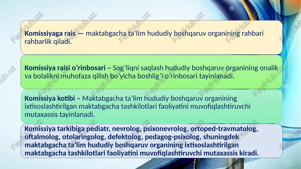 ishda kechikayotgan bolalarga — 3 yoshdan 7 yoshgacha; aqli rivojlanishda nuqsonlari bo’lgan bolalarga — 3 yoshdan 7 yoshgacha. komissiyaning bayonnomalari va xulosasi tekshiruv o’tkazilgan kun rasmiylashtiriladi, mutaxassislar va komissiya raisi tomonidan imzolanadi. komissiyaning xulosasi asosida komissiya kotibi bolani 1 ish kuni davomida tegishli ixtisoslashtirilgan maktabgacha tashkiloti yoki qo’shma turdagi maktabgacha tashkilotida «bolalar bog’chasi» maktabgacha ta’lim axborot tizimining maxsus ishlab chiqilgan xizmati orqali ro’yxatdan o’tkazadi. ro’yxatdan o’tgandan so’ng, bolaning qonuniy vakiliga bola navbatga joylashtirilganligi yoki ixtisoslashtirilgan maktabgacha tashkiloti yoki qo’shma turdagi maktabgacha tashkilotiga ro’yxatdan o’tganligi to’g’risida komissiya kotibi tomonidan xabar beriladi. ixtisoslashtirilgan maktabgacha tashkiloti yoki qo’shma turdagi maktabgacha tashkilotiga ro’yxatdan o’tganligi to’g’risida xabar olgandan so’ng, bolaning qonuniy vakili tegishli ixtisoslashtirilgan maktabgacha tashkiloti yoki qo’shma turdagi maktabgacha tashkilotiga 15 ish kuni ichida kelishi shart. komissiyaning xulosasi rivojlanishida jismoniy yoki psixik nuqsonlari bo’lgan bolani ixtisoslashtirilgan maktabgacha tashkilotga, qo’shma turdagi maktabgacha tashkilotga, umumiy turdagi dmttlardagi inklyuziv guruhlariga rasmiylashtirish uchun asos hisoblanadi. kasalliklar nomi: psixik …