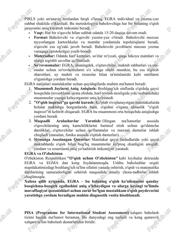 ment) – bu boshlang'ich sinf o'qish ko'nikmalarini baholash hisoblanib, dunyo bo'yiba 1-3-sinf o'quvchilarining o'qish savodoxonligini baholashga qaratilgan standartlashtirilgan diagnostik vosita va tadqiqot dasturidir. egra egma (matematika baholash) ning o'qishdagi hamkasbi hisoblanadi va ko'pincha ular birgalikda amalga oshiriladi. egraning asosiy maqsadi egraning asosiy maqsadi – boshlang'ich sinf o'quvchilarining o'qish ko'nikmalarining asosiy komponentlarini aniq va tezda o'lchash, shu bilan mamlakatning boshlang'ich ta'limidagi o'qish darslarining samaradorligini oshirish uchun ma'lumotlar taqdim etishdir. u usaid (aqsh xalqaro taraqqiyot agentligi) va boshqa xalqaro tashkilotlar tomonidan qo'llab-quvvatlanadi va asosan rivojlanayotgan mamlakatlarda qo'llaniladi. egra nimani baholaydi? egra o'quvchilarning o'qish ko'nikmasini rivojlantirishning asosiy bosqichlaridagi qobiliyatini baholaydi. baholash quyidagi komponentlardan iborat: 1. fonik tanishtiruv (phonemic awareness): · so'z tarkibidagi tovushlarni ajrata olish · so'zning boshidan yoki oxiridan tovushlarni tanib olish 2. tovush-harf mosligi (phonics): · harflarning tovushlarini bilish · yangi (noma'lum) so'zlarni o'qiy olish qobiliyati 3. o'qish tezligi (reading fluency): · birinchi daqiqada to'g'ri o'qilgan so'zlar soni (correct words per …