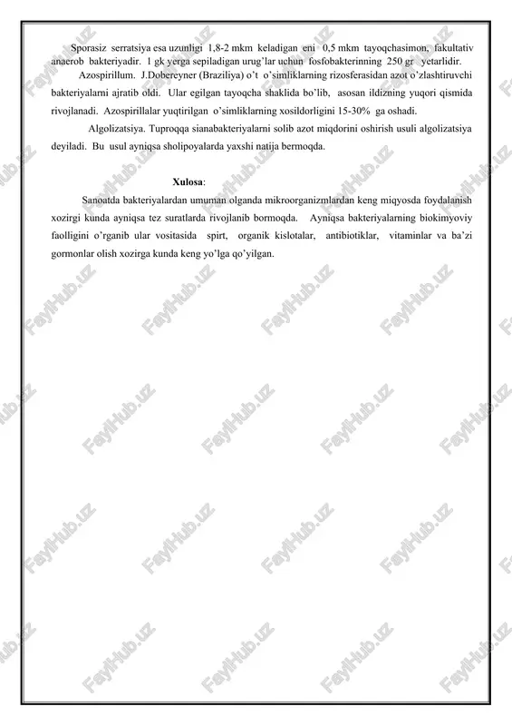 ostatlarda amalga oshiriladi. sanoatda bu usul keng qo’llaniladi. bakterial o’g’itlar bakteriologik o’g’itlar tuproqdagi mikrobiologik jarayonlar va bakteriyalarga kuchli tasir ko’rsatadigan faktorlardan hisoblanadi. bakterial o’g’itlar xilma-xil bo’ladi. birinchi marta tuganak bakteriyalardan ‘‘ nitragin ’’ deb nomlangan bakterial o’g’it, 1896- yilda germaniyada, f.nobble va l.giltnerlar tomonidan qo’llanildi. keyinchalik, tuganak bakteriyalarni o’g’it sifatida xar xil nomlar bilan boshqa davlatlarda ham qo’llay boshladi. 1906-yilda, angliyada, v. bottomley ‘‘ nitragin ’’ ishlab chiqa boshladi, 1967-yilda tuganak bakteriyalari amerikada f. garrison va b.barlou ‘‘nitrokultura’’ deb , shu yildayoq rossiyada l.t. budinov ‘‘ nitragin ’’ deb nomlab, o’g’it sifatida chiqardilar. xozirgi vaqtda tuganak bakteriyalar, ko’pgina mamlakatlarda ishlab chiqariladi. fransiyada u n-germ, chexoslavakiyada nitrazon, sobiq sssr da nitragin, rizotafin kabi nomlarda ishlab chiqilmoqda. nitragindan tashqari azotobakterin, fosfobakterin, amb va boshqalar ham ishlab chiqilgan. turli dukkakli o’simliklar urug’iga ekishdan avval nitragin bilan ishlov berilsa ( 1gk yerga ekiladigan urug’ uchun 5-10 gr nitragin kerak) ularning hosili o’rta xisobda 10-15% …