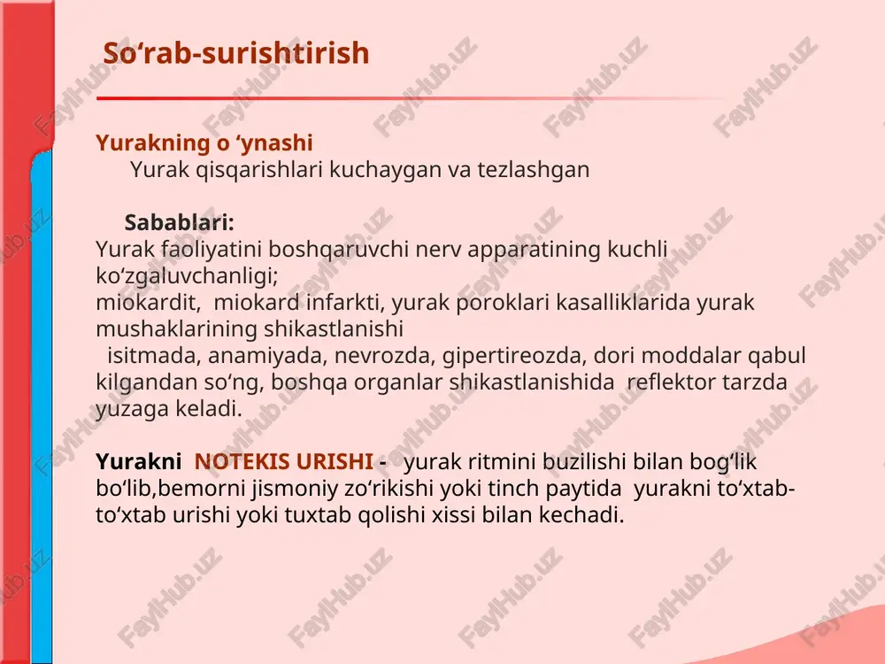 ning past joylashishi (astenik tipdagi bemorlarda «osilib turuvchi» yurak) – uziga xos klinik manzara beruvchi, koronar kon aylanishi yetishmovchiligi natijasida miokard ishemiyasini xosil kiluvchi yurak kasalliklari guruxi. yurak ishemik kasalligi yuik klassifikatsiyasi: 1. stenokardiya stabil zurikish stenokardiyasi fk i fk ii fk iii fk iv nostabil stenokardiya ilk bor paydo bulgan stenokardiya tinchlik stenokardiyasi (prinsmetala) progressiv kuchayib boruvchi stenokardiya 2. miokard infarkti q tishli miokard infarkti q tishsiz miokard infarkti 3. yurak yetishmovchiligi 4. yurak ritmining buzilishi 5. qo’qqisdan koronar o’lim yurak ishemik kasalligi stenokardiya stenokardiya kupincha jismoniy zurikishdan keyin paydo buluvchi, tush orka soxasidagi ogriklar bilan xarakterlanuvchi kasallikdir etiologik omillar: toj arteriyalari aterosklerozi toj tomirlar spazmi sifilitik aortit obliteratsiyalovchi endarteriit revmatik vaskulit tugunchali periarteriit toj arteriyalar trombozi aorta ravogi stenozi gipertrofik kardiomiopatiya birlamchi upka arterial gipertenziyasi ogir arterial gipertenziya aortal klapan yetishmovchiligi yurak ishemik kasalligi xavfli omillar: oilaviy anamnez giperxolesterinemiya (n=5.17 mmol/l) 6,6 mmol/l va yukori arterial gipertenziya kandli …