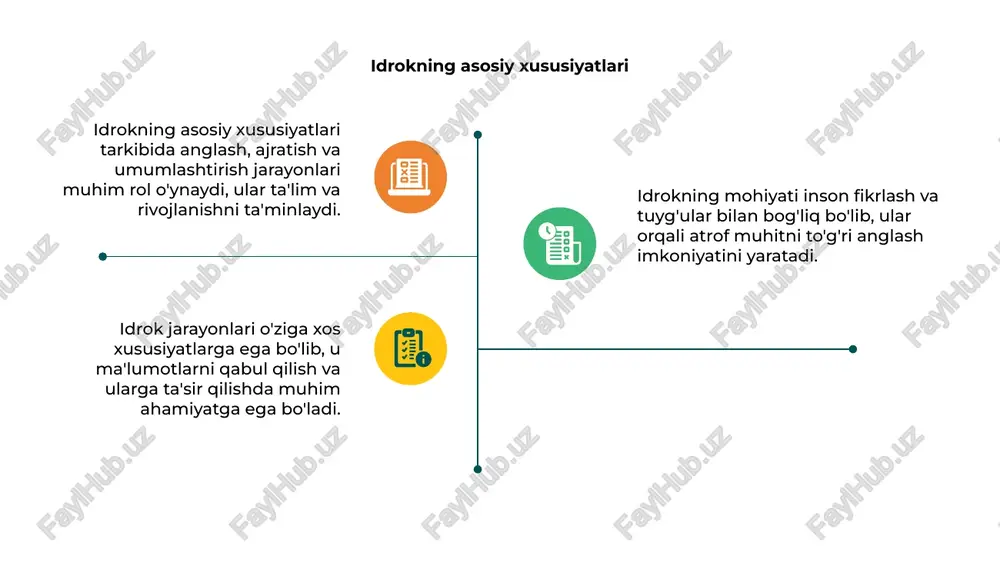 im rol o'ynaydi. idrok faoliyatining asosiy xususiyatlari idrokni shakllantiradigan sezgi, tafakkur va xotira kabi qism hamda ularning uzviy bog'liqligidir. idrok va qabul qilish jarayonlari idrok jarayonlari bilish va qabul qilish asosida ma’lumotlarni to‘plash va tahlil qilish imkonini beradi, ular dunyo haqqoniy tasavvurlarini shakllantiradi. ushbu jarayonlar mohiyatida ijtimoiy, madaniy va shaxsiy faktorlarga asoslangan ma’lumotlar, fikrlar va his-tuyg‘ular muhim o‘rin hosil qiladi. idrok va qabul qilish jarayonlari orqali kishilar muhitni anglaydi, qarorlar qabul qiladi va yangi bilimlarni egallab, tafakkur rivojlanishini ta’minlaydi. idrokni o'rganish metodlari bilish jarayonlari xususiyatlari odamlarning fikrlash, eslash va anglash imkoniyatlarini o'rganishda muhimdir. bu jarayonlar idrok va tafakkur bilan bog'liqdir. idrok mohiyati atrof muhitdagi voqealarni to'g'ri tushunish va qabul qilishdek muhim qism hisoblanadi. o'rganish metodlari esa bu jarayonlarni rivojlantiradi. idrokni o'rganish metodlari yordamida inson bilishning samaradorligini oshiradi. bu usullar orqali bilimlar qo'llaniladi va hayotdagi muammolar hal qilinadi. idrok va moyilliklar idrok jarayonlari inson fikrining muhim qismi bo‘lib, u atrof muhitni …