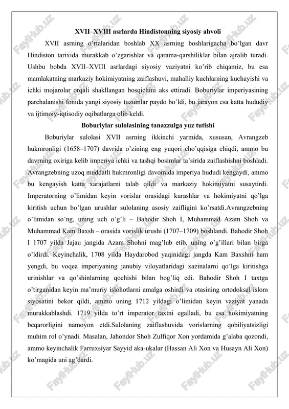 , sikxlar, satnamiylar va pushtunlar orasida qo’zg’olonlarga sabab bo’ldi. rajputlarning isyoni xvii asrning oxirida kuchaydi: 1679 yilda jasvant singxning o’limidan keyin marvar vorisligiga aralashuv rathor isyoniga olib keldi. durgadas rathor partizan urushini boshladi, bu 1708–1710 yillardagi rajput isyoniga aylandi. ajit singx, amar singx ii, savay jay singx va durgadas kabi zodagonlar bahodir shoh i ga qarshi ittifoq tuzdilar, jodxpur va amberni egalladilar, sambxar jangida 3000 kishi, shu jumladan uchta faujdar o’ldirildi va 1710 yilda tinchlik shartnomasi orqali yerlar va malva, gujarat gubernatorliklari qaytarildi. imperiyaning zaiflashuvida tashqi bosqinlar ham muhim edi. 1739 yilda eron shohi nodir shoh karnal jangida muxoliflarni mag’lub etdi, bu jangda muxoliflarning eskirgan qurollari va jang filining zaifligi sababli 10 000–30 000 kishi halok bo’ldi. nodir shoh dehlini 1739 yil martdan maygacha talon-taroj qildi, shu jumladan, «tovus taxti», «koh-i-nur» va «daryo-ye-nur» kabi xazinalarni olib ketdi, qiymati taxminan 700 million rupiy edi. afg’on bosqinlari 1740-yillarda boshlandi: ahmad shoh durroni …