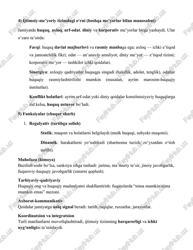 ’sir tadbirkorlik muhitiga aniqlik: mulk daxlsizligi, shartnoma erkinligi va ijrosi. sotsial adolat: zaif guruhlar (bolalar, nogironlar, keksalar) himoyasi, kamsitishga qarshi normalar. raqamli transformatsiya: elektron imzo, raqamli dalillar, kiberxavfsizlik bo‘yicha normalar — yangi munosabatlar uchun huquqiy karkas. 1.1. tushuncha va belgilari. huquq normasi — davlat tomonidan rasmiy tan olingan va majburiy kuchga ega bo‘lgan, ijtimoiy munosabatlarni tartibga soluvchi xulq-atvor qoidasidir. uning asosiy belgilari: umummajburiylik, rasmiy manbaga egalik, takror qo‘llanish xususiyati, aniq adresatga yo‘naltirilganligi va sanksiyalanganligi. tuzilishi bo‘yicha normaning gipoteza (shartlar majmui), dispozitsiya (xulq modeli) va sanksiya (buzilish oqibatlari) elementlari ajratiladi. 1.2. funksiyalari. regulyativ funksiya huquq va majburiyatlarni belgilash orqali subyektlar faoliyatini uyg‘unlashtiradi; himoya funksiyasi buzilish holatlarida javobgarlik choralarini ishga soladi; tarbiyaviy-qadriyaviy funksiya esa huquqiy ong va huquqiy madaniyatni shakllantiradi. axborot-kommunikativ funksiya me’yoriy signallarni subyektlarga yetkazib, ularning xatti-harakatlarini muvofiqlashtiradi; stabilizatsiya va integratsiya funksiyasi ijtimoiy tizim barqarorligini ta’minlaydi. 1.3. huquq va boshqa me’yorlar. huquq me’yorlari axloq, odat va diniy me’yorlardan rasmiy manbasi, majburiy …