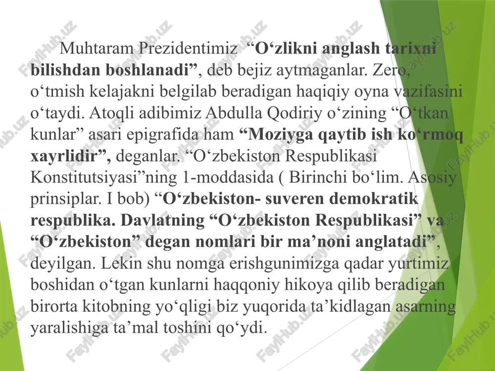 rakati haqida gapirgandim. o’sha harakatning namoyandalari boylik uchun, shon-shuhrat uchun maydonga chiqishdimi? mahmudxo’ja behbudiy, munavvar qori, fitrat, tavallolarga maktab ochganlari, xalqni o’z haq-huquqlarini tanishga da’vat etganlari uchun birov maosh to’laganmi? birov ularga oylik berganmi? albatta, yo’q! ular o’t bilan o’ynashayotganlarini, istibdodga qarshi kurashayotganlari uchun ayovsiz jazolanishlarini oldindan yaxshi bilishgan. bilaturib, ongli ravishda mana shu yo’ldan borganlar. chunki, vijdonlari, iymonlari shunga da’vat etgan. tarixiy ildizini izlagan odam, albatta, bir kun mana shunday savollarga duch keladi va, aminmanki, to’g`ri xulosalar chiqaradi. tarixiy xotirasi bor inson - irodali inson. takror aytaman, irodali insondir. kim bo’lishidan qat’i nazar, jamiyatning har bir a’zosi o’z o’tmishini yaxshi bilsa, bunday odamlarni yo’ldan urish, har xil aqidalar ta’siriga olish mumkin emas. tarix saboqlari insonni hushyorlikka o’rgatadi, irodasini mustahkamlaydi. olimlarimiz tariximizning turli davrlariga doir risolalar yozishmoqda, tarixiy mavzuda yirik nasriy, nazmiy, sahna asarlari yaratilmoqda. ommaviy axborot vositalari ma`naviy qadriyatlarimizni keng targ`ib qilayotgani, suhbatlar, muloqotlarda fikrlar rang-barangligi paydo bo`layotgani diqqatga …