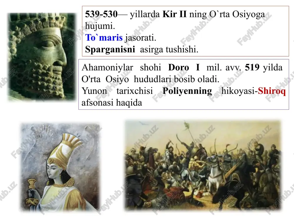rida vafot etadi. payg`ambar vafotidan so`ng u kishining ishonchli noiblari (arabcha xalifalar) davlatni boshqarganlar. shu tariqa tarixda «arab xalifaligi» (632 – 1258) paydo boqlgan. arablar o`rta osiyoga 2 bosqichli harbiy yurishni amalga oshirishgan i-bosqich 650-704 yillar hududni o`rganish va ma’lumot to`plash maqsadida hujum uyushtirilgan ii-bosqich 705-715 yillar o`rta osiyoni to`la zabt etish va islom dinini yoyish maqsad qilingan movarounnahr, xuroson va eronda italiyaga qaraganda oldinroq (ix-xii asrlar) ulkan madaniy ko`tarilish yuz bergan. bu davr dunyo ilmida «musulmon renessansi» (a. mets) yoki «sharq uyg`onishi» (n.i. konrad) nomi bilan atalib kelinmoqda. sharq uyg`onish davrida yevropa uyg`onish davrining asosiy belgilari mujassam: - jo`shqin ijodiy faoliyat. ulkan bunyodkorlik ishlarining amalga oshirilgani. aqlni hayratga soluvchi bemisl asarlarning yaratilgani. sharq uyg`onish davrini yuzaga keltirgan sabablar 1 islom dinining mutloq dinga aylanishi arab tili- zodagon va kambag`allarning o`rganishi 2 o`lkan hududga ega xalifalikni boshqarishda yetuk kadrlarga ehtiyojning paydo bo`lishi 3 ma’mun tomonidan “dorul hikma va maorif”ning tashkil …