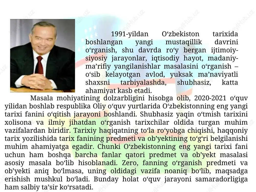6-yil 13-dekabrdagi farmoniga ko‘ra – o‘zbekistonning yangi tarixini tayyorlash va nashr qilish haqida qaror qabul qilindi. shu asosda mustaqillik davri aks etgan qator adabiyotlar yuzaga keldi. 1998-yilda chop etilgan “tarixiy xotirasiz kelajak yo‘q” risolasida tarix fanining qator dolzarb masalalariga eʼtibor qaratildi. masala mohiyatini dolzarblik jihatidan kelib chiqqan holda o‘zbekiston respublikasi prezidentining 2012-yil yanvarida qabul qilgan qaroriga asosan oliy va o‘rta maxsus taʼlim vazirligi huzurida o‘zbekistonning eng yangi tarixi jamoatchilik kengashi tashkil etildi. mazkur jarayonni yanada takomillashtirish maqsadida 2017-yil 30-iyunda prezident sh.m.mirziyoyev imzosi ostida o‘zbekiston respublikasi fanlar akademiyasi huzurida o‘zbekistonning eng yangi tarixi bo‘yicha jamoatchilik kengashini tuzish to‘g‘risida”gi qaror qabul qilindi. 2. o‘zbekistonning eng yangi tarixi fanining metodologik, ilmiy-nazariy asoslari, usullari va tamoyillari tarixshunoslikdan maʼlumki, tarixiy jarayonlar undagi qonuniyatlar bilan asoslanadi. tarix fanining asosiy tayanch tushunchasini tarixiy asos va tarixiy manba, tarixiy makon va tarixiy zamon tashkil etadi. soha mutaxassislarining eʼtirof etishlaricha, tarix fanini o‘rganishdagi eng dolzarb muammo – bu tarixiy …