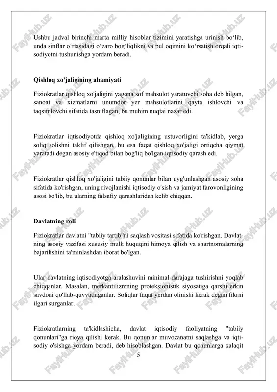 nazariyasiga o'tishda muhim bo'lganini ta'kidlang. fiziokratlarning "sof mahsulot" tushunchasi va yagona soliq g'oyasi klassik iqtisodiyotning soliqqa tortish tamoyillariga qanday ta'sir ko'rsatganini ko'rib chiqing, bu adam smitning soliqqa oid qarashlariga zamin yaratgan. fiziokratlarning davlatning iqtisodiy roliga oid qarashlari, xususan, iqtisodiy erkinlikni targ'ib qilishlari adam smitning "laissez-faire" tamoyiliga o'tishda qanday ahamiyat kasb etganini muhokama qiling. adabiyotlar berilgan adabiyotlar roʻyxati fiziokratlar maktabining iqtisodiy taʼlimotini oʻrganishga bagʻishlangan referat uchun manbalar sifatida xizmat qiladi va ularning gʻoyalarini chuqur anglashga yordam beradi. ushbu adabiyotlar orasida 2014-yilda chop etilgan maks beerning «fiziokratiyaga kirish» asari hamda 2011-yilda nashr etilgan yurgen georg baxxausning «fiziokratiya, antifiziokratiya va pfeyffer» kitobi mavjud. adabiyotlar, shuningdek, 1949-yilda chop etilgan tomas p. neylning «fiziokratlarning iqtisodiyot konsepsiyasi» nomli quarterly journal of economics jurnali maqolasini va boshqa muhim manbalarni oʻz ichiga oladi. xulosa xulosa qismida fiziokratlarning taʼsiri klassik iqtisodiy maktab va adam smitning qarashlariga oʻtishda muhim boʻlgan jihatlarni yoritish mumkin. foydalanilgan adabiyotlar 1. maks beer - "fiziokratiyaga …