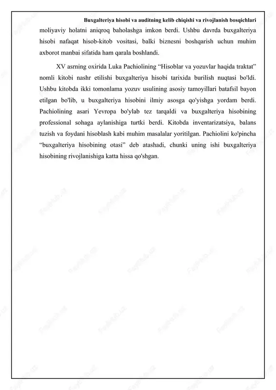 ni ta'minlashda muhim ahamiyatga ega. 📋 buxgalteriya hisobi va auditning rivojlanish tarixi buxgalteriya hisobi va auditning rivojlanish bosqichlari [diagramma qo'shish xatosi: no elements provided] buxgalteriya hisobi va auditning rivojlanishiga ta'sir etuvchi omillar raqamlashtirishning buxgalteriya hisobi va auditga ta'siri bugungi kunda raqamlashtirish buxgalteriya hisobi va audit sohasiga sezilarli ta'sir ko'rsatmoqda. bulutli texnologiyalar, sun'iy intellekt (ai) va katta hajmdagi ma'lumotlarni tahlil qilish (big data) buxgalteriya hisobi jarayonlarini avtomatlashtirish, xatolarni kamaytirish va samaradorlikni oshirish imkonini beradi. masalan, sun'iy intellekt asosidagi dasturlar moliyaviy hisobotlardagi nomuvofiqliklarni aniqlash va firibgarlikni aniqlashda yordam beradi. raqamlashtirish shuningdek, real vaqt rejimida ma'lumot olish imkonini berib, qaror qabul qilish jarayonini tezlashtiradi va xatarlarni samarali boshqarishga yordam beradi. bu, o'z navbatida, kompaniyalarning raqobatbardoshligini oshiradi. shunga qaramay, raqamlashtirish bilan birga yangi muammolar ham paydo bo'ladi. ma'lumotlar xavfsizligi, kiberhujumlar va ma'lumotlar maxfiyligini ta'minlash muhim ahamiyatga ega. buxgalterlar va auditorlar raqamli savodxonlikka ega bo'lishi, yangi texnologiyalarni o'zlashtirishi va axborot xavfsizligi bo'yicha bilimlarini doimiy ravishda …