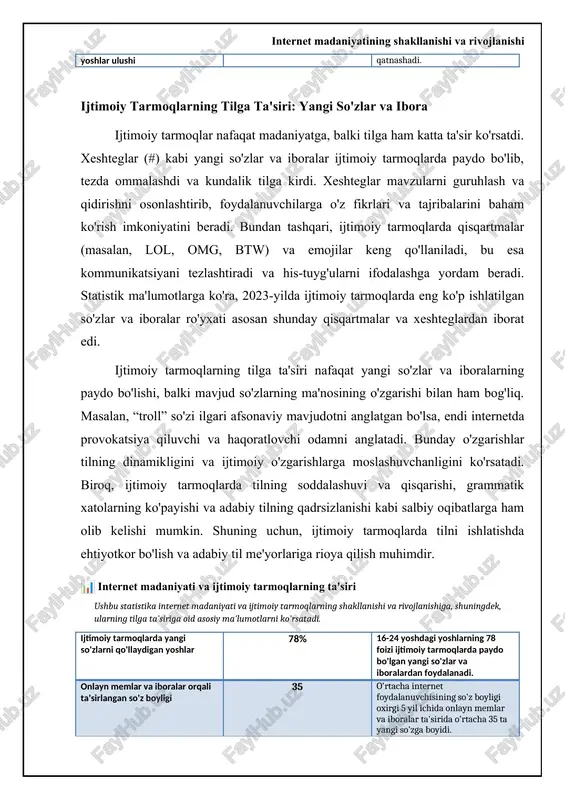 xatti-harakatlarini tahlil qilish va kelgusidagi marketing strategiyalarini optimallashtirish imkoniyatini beradi. masalan, agar kompaniya ijtimoiy mediada eng ko'p qanday postlar ommabop ekanligini aniqlasa, shunga o'xshash kontent yaratish orqali o'z auditoriyasini jalb qila oladi. ijtimoiy media: psixologik ta'sir va ruhiy salomatlik ijtimoiy medianing psixologik ta'siri juda katta va ko'pincha ikki tomonlama bo'ladi. bir tomondan, ijtimoiy media odamlarga aloqada bo'lish, do'stlar va oila bilan muloqot qilish, o'z fikrlarini erkin ifoda etish imkoniyatini beradi. u, shuningdek, axborot olish, ta'lim olish va turli xil masalalarda xabardor bo'lish uchun qulay platforma. biroq, boshqa tomondan, ijtimoiy media ruhiy salomatlikka salbiy ta'sir ko'rsatishi mumkin. doimiy ravishda boshqalarning mukammal hayotini ko'rish, o'zini boshqalar bilan taqqoslash va yetishmovchilik hissi paydo bo'lishi mumkin. bu esa, o'z navbatida, depressiya, tashvish va past o'z-o'zini baholash kabi muammolarga olib kelishi mumkin. ijtimoiy media, ayniqsa, yoshlar uchun xavfli bo'lishi mumkin, chunki ularning shaxsiyati hali shakllanmagan bo'ladi. cyberbullying, tashqi qiyofasidan norozilik va ijtimoiy izolyatsiya hissi ijtimoiy …