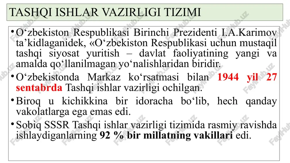 usida xalqaroo konferensiya bo‘lib o‘tdi. o‘zbekiston prezidenti tashabbusi bilan 2001 yilda bmt xavfsizlik kengashining terrorizmga qarshi kurash bo‘yicha maxsus qo‘mitasi ta’sis etildi. 2002 yil 18-20 oktyabr kunlari bmtning o‘sha vaqtdagi bosh kotibi kofi annan o‘zbekistonga keldi. yunesko yuneskoga 191 mamlakat (2006), shu jumladan, o'zbekiston respublikasi a'zodir. unesco nizomiga koʻra, "... irqi, jinsi tili va dinidan qatʼi nazar, barcha xalqlar uchun adolatga, qonuniylikka, inson huquqlari va asosiy erkinliklariga umumiy hurmatni taʼminlash maqsadida taʼlim, fan va madaniyatni rivojlantirish orqali xalqlar hamkorligiga" koʻmaklashish tashkilotning ustuvor vazifasidir. yunesko bilan aloqalari o‘zbekistonning bmt homiyligidagi ta’lim, fan va madaniyat bilan shug‘ullanuvchi xalqaro tashkilot – yunesko bilan aloqalari tobora mustahkamlanib bormoqda. 1993 yil 29 oktyabrda yunesko ning parijdagi qarorgohida o‘zbekistonni yuneskoga a’zolikka qabul qilish marosimi bo‘ldi. o‘sha kuni ulug‘bek tavalludining 600 yilligini nishonlash yunesko dasturiga kiritildi. 1994 yil oktyabrida parijda ulug‘bek haftaligi tantana bilan o‘tdi. xiva va buxoro yunesko ning jahon madaniy qadriyatlar ro‘yxatiga kiritildi. bu ro‘yxatda …