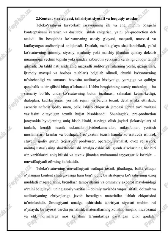 an so‘nggi yillarda joriy qilinayotgan innovatsion texnologiyalar telekontentni ishlab chiqarish usullarini tubdan o‘zgartirmoqda. bularning eng yiriklaridan biri – bu virtual studiya (virtual studio) texnologiyasi bo‘lib, u real studiya maydonchasida yashil fon (chroma key) oldida turgan boshlovchini kompyuterda yaratilgan murakkab uch o‘lchovli (3d) grafik muhitga joylashtirish imkonini beradi; bu texnologiya studiya dekoratsiyalariga ketadigan xarajatlarni kamaytiradi va kontentga deyarli cheksiz vizual imkoniyatlar (masalan, ob-havo prognozini to‘liq virtual shaharda ko‘rsatish) yaratadi. shuningdek, yuqori dinamik oraliq (high dynamic range – hdr) texnologiyasi ham katta ahamiyat kasb etmoqda, u tasvirning eng yorug‘ va eng qorong‘u qismlari orasidagi tafovutni sezilarli darajada kengaytiradi, natijada ranglar yanada jonli va tasvir yanada detallashgan, realistik ko‘rinishga ega bo‘ladi, bu esa ayniqsa 4k va 8k formatlarida efirga uzatishda sifatni yangi bosqichga olib chiqadi. kelajakda telekontent ishlab chiqarishning asosiy tendensiyalaridan biri – bu sun’iy intellekt (ai) va mashinani o‘qitish (machine learning) ni joriy etishdir; ai hozirda avtomatik montaj qilish, tasvirdagi obyektlarni tanib …