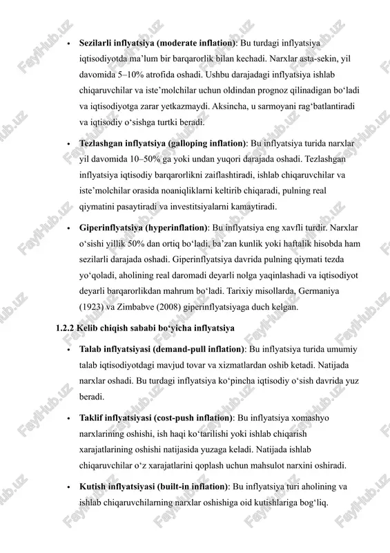 batlari ijtimoiy, siyosiy va moliyaviy sohalarda seziladi. inflyatsiyaning ta’sirini baholashda uning darajasi, davomiyligi va turiga e’tibor qaratish zarur. inflyatsiyaning asosiy ta’sirlari quyidagilardan iborat: 2.1 iste’molchilar va uy xo‘jaliklariga ta’siri inflyatsiya narxlar darajasining uzluksiz oshishi bilan bog‘liq bo‘lgani uchun, aholining real daromadi pasayadi. masalan, agar ish haqi o‘smasa, inflyatsiya oshishi natijasida insonlar o‘z odatiy xaridlarini amalga oshira olmay qoladi. bu ijtimoiy norozilikka, hayot sifatining pasayishiga va ba’zan iqtisodiy tengsizlikning kuchayishiga olib keladi. · daromadlar taqsimoti: inflyatsiya turli qatlamlarga turlicha ta’sir qiladi. masalan, nafaqada yoki qat’iy daromadga ega bo‘lganlar inflyatsiyadan eng ko‘p zarar ko‘radi, chunki ularning daromadi o‘zgarmaydi. · jamg‘armalarning qadrsizlanishi: inflyatsiya jamg‘arma va depozitlarning real qiymatini pasaytiradi. shu sababli, aholining moliyaviy xavfsizligi susayadi. 2.2 ishlab chiqaruvchilar va korxonalarga ta’siri inflyatsiya korxonalarning moliyaviy barqarorligiga ham ta’sir qiladi. narxlar o‘sishi bilan xomashyo va ishchi kuchi narxi oshadi, bu esa ishlab chiqarish xarajatlarini ko‘paytiradi. shu bilan birga, mahsulot narxlarini oshirish orqali foyda olish imkoniyati …