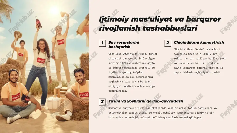 langan holda interaktiv reklama kampaniyalari va iste'molchi tajribalarini yaratishni rejalashtirmoqda. bu yangi avlod iste'molchilari bilan aloqani kuchaytiradi. 4 sog'lom hayot tarzi mahsulotlari iste'molchilarning sog'liq va fitnesga bo'lgan qiziqishi ortib borishi bilan, coca-cola funktsional ichimliklar va tabiiy ingredientlarga asoslangan yangi mahsulot liniyalarini ishlab chiqishni rejalashtirmoqda. image1.png image2.png image3.png image4.png image5.png image6.png image7.png image8.png image9.png image10.png image11.png image12.png image13.png image14.png