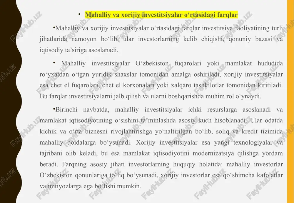 qlarini himoya qilish va ularga qulay sharoitlar yaratish o‘zbekistonning investitsiya siyosatining asosiy tamoyillaridan biridir. mamlakat qonunchiligida investorlarning mulkiy huquqlarini ta’minlash, ularning faoliyatini rag‘batlantirish va xatarlarni kamaytirishga qaratilgan bir qator kafolatlar belgilangan. jumladan, o‘zbekiston respublikasining “investitsiyalar to‘g‘risida”gi qonuni investorlarning mulkini millatlashtirish yoki musodara qilishdan himoya qilishni nazarda tutadi. ushbu qonun investorlarga o‘z faoliyatini erkin amalga oshirish, daromadlarni cheklovsiz chiqarib ketish va sud orqali himoya qilish huquqini beradi.bu kafolatlarning amaliyotdagi samaradorligi quyidagi holatlarda namoyon bo‘ladi. masalan, xorijiy kompaniyalar tomonidan o‘zbekiston iqtisodiyotiga kiritilgan investitsiyalar hajmi yillik o‘sib bormoqda. har yili 3 milliard dollardan ortiq to‘g‘ridan-to‘g‘ri xorijiy investitsiyalar o‘zlashtirilmoqda, bu esa mamlakat iqtisodiyotining barqaror o‘sishiga hissa qo‘shmoqda. investorlar uchun yaratilgan huquqiy asoslar orasida qonuniylik, oshkoralik va ochiqlik tamoyillari alohida o‘rin tutadi. investorlarning faoliyatini amalga oshirish erkinligi va adolatlilik tamoyillari qonunchilikda mustahkam o‘rnatilgan bo‘lib, bu xorijiy kapitalni jalb etishda muhim omil hisoblanadi davlat-xususiy sheriklik (dxsh) mexanizmlarining rivoji davlat-xususiy sheriklik mexanizmlari o‘zbekistonda investitsiya faoliyatini rivojlantirishning muhim …