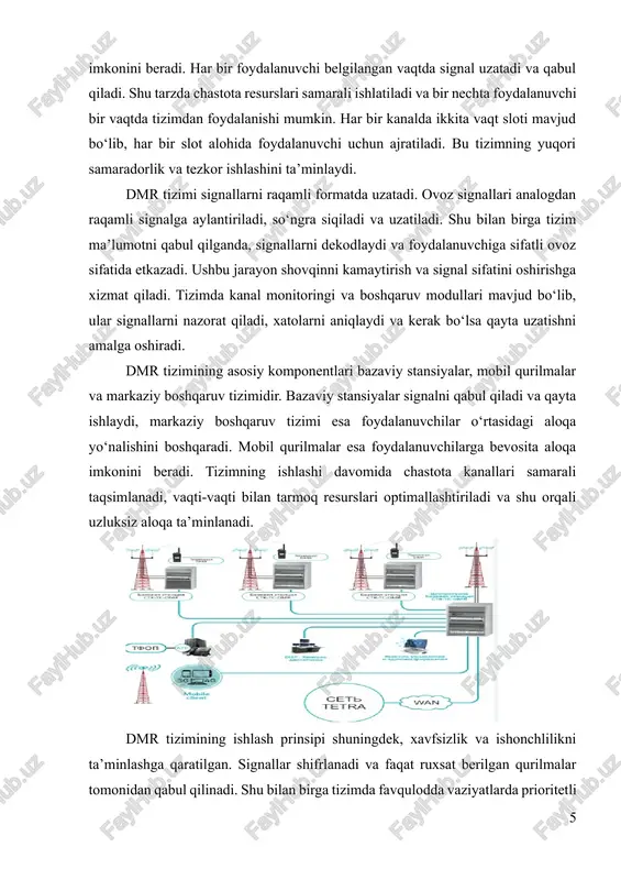 qo‘llashga imkon beradi. dmr tizimi zamonaviy raqamli aloqa texnologiyalarining samarali misoli bo‘lib, u foydalanuvchilarga yuqori sifatli, xavfsiz va uzluksiz aloqa imkonini beradi. tizim time division multiple access texnologiyasi asosida ishlaydi, bu esa chastota resurslaridan samarali foydalanishga xizmat qiladi. dmr tizimining ishlash prinsipi raqamli signallarni uzatish, shifrlash va boshqaruvni o‘z ichiga oladi, bu esa ovoz sifatini yaxshilash va shovqinni kamaytirishga yordam beradi. tizim sanoat, tijorat va jamoat xavfsizligi sohalarida keng qo‘llaniladi. raqamli platforma sifatida dmr tizimi qurilmalararo muvofiqlik, yuqori ishonchlilik va xavfsizlikni ta’minlaydi, bu esa uni zamonaviy aloqa tarmoqlari uchun samarali yechimga aylantiradi. texnik jihatlari afzalliklari digital mobile radio tizimi zamonaviy raqamli texnologiyalarga asoslangan bo‘lib, uning ishlash mexanizmi bir nechta asosiy texnik komponentlar orqali ta’minlanadi. tizim bazaviy stansiyalar, mobil qurilmalar va markaziy boshqaruv modullaridan iborat. bazaviy stansiyalar foydalanuvchi qurilmalaridan signal qabul qiladi, uni qayta ishlaydi va zarur bo‘lganda boshqa qurilmalarga uzatadi. shu tarzda tizim bir vaqtning o‘zida ko‘p foydalanuvchiga xizmat ko‘rsatish …
