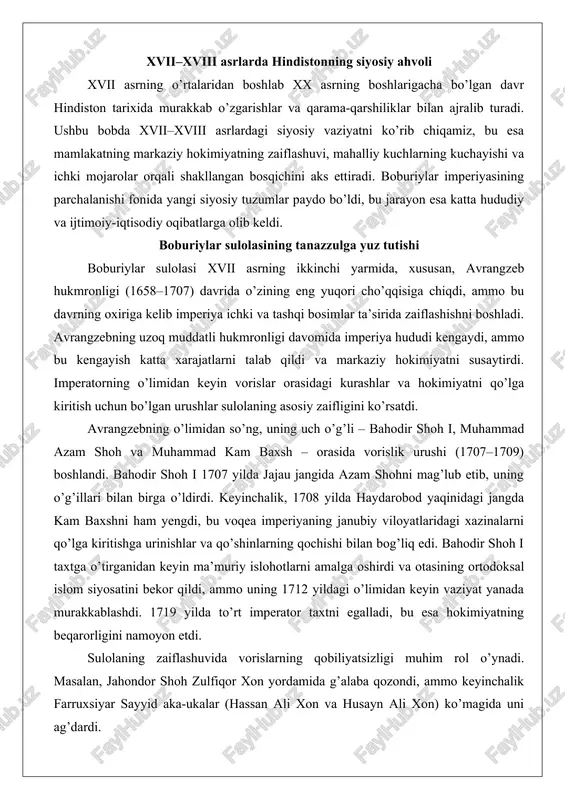 ar, sikxlar, satnamiylar va pushtunlar orasida qo’zg’olonlarga sabab bo’ldi. rajputlarning isyoni xvii asrning oxirida kuchaydi: 1679 yilda jasvant singxning o’limidan keyin marvar vorisligiga aralashuv rathor isyoniga olib keldi. durgadas rathor partizan urushini boshladi, bu 1708–1710 yillardagi rajput isyoniga aylandi. ajit singx, amar singx ii, savay jay singx va durgadas kabi zodagonlar bahodir shoh i ga qarshi ittifoq tuzdilar, jodxpur va amberni egalladilar, sambxar jangida 3000 kishi, shu jumladan uchta faujdar o’ldirildi va 1710 yilda tinchlik shartnomasi orqali yerlar va malva, gujarat gubernatorliklari qaytarildi. imperiyaning zaiflashuvida tashqi bosqinlar ham muhim edi. 1739 yilda eron shohi nodir shoh karnal jangida muxoliflarni mag’lub etdi, bu jangda muxoliflarning eskirgan qurollari va jang filining zaifligi sababli 10 000–30 000 kishi halok bo’ldi. nodir shoh dehlini 1739 yil martdan maygacha talon-taroj qildi, shu jumladan, «tovus taxti», «koh-i-nur» va «daryo-ye-nur» kabi xazinalarni olib ketdi, qiymati taxminan 700 million rupiy edi. afg’on bosqinlari 1740-yillarda boshlandi: ahmad shoh durroni …