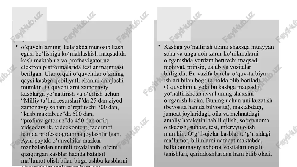 tadbirlar bilan bir qatorda ta’lim yordamida yoshlar ishchi kuchi sifatini oshirishga ham muhim ahamiyat beriladi, buning uchun katta hajmda mablag‘lar ajratilgan. yoshlar uchun quyidagi uch dastur keng tarqalgan: germaniyaning o‘quvchilik dasturi o‘qishdan ishga o‘tishni ta’minlash bo‘yicha (schoolto-work transition) eng rivojlangan dastur hisoblanadi; qo‘llanadigan mehnat bozorining faol dasturlari; kasbga yo‘naltirish ishlarini to‘g‘ri tashkil etishda fan o‘qituvchilaridan nafaqat o‘quvchining qobiliyati, iqtidori va xarakter xususiyatlarini bilish, balki pedagogik mahorati, dunyoqarashi, yo‘qolib borayotgan, mavjud va kelajak kasblari, mehnat bozori ehtiyojlari to‘g‘risidagi bilimlari talab etish amaldagi holat(xorijda) taklif kasb-hunar maktablarini bilan shartnoma qiladigan korxonalar hajmini ko’paytirib ish o’rnini rivojlantirish lozim. kasb hunar maktablarining o’qituvchilarini rivojlangan davlatlarga malaka oshirishga yuborish. umumiy o’rta ta’lim maktablari o’quvchilarida kasbiy tafakkurni shakillantirish bo’yicha o’qituvchilar faoliyatini tashkil etishning nazariy va amaliy asoslarini ishlab chiqish t/r chora –tadbir nomi amalga oshirish mexanizmi mas`ullar muddati kutilayotgan natija 1 tumandagi umumiy o’rta ta’lim muassasalarining 7-11 sinf o’quvchilarini “ishchi kasblar” haqida bilimlarini oshirish kasblar haqida …