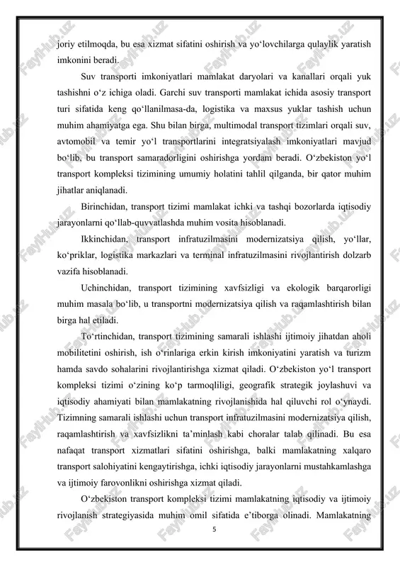 rishga xizmat qiladi. o‘zbekiston transport kompleksi tizimi mamlakatning iqtisodiy va ijtimoiy rivojlanish strategiyasida muhim omil sifatida e’tiborga olinadi. mamlakatning geografik joylashuvi uni markaziy osiyoda tranzit hududi sifatida ajratib turadi. shu bois, yo‘l transporti tizimi nafaqat ichki bozorni ta’minlash, balki xalqaro savdo va tranzit transportini rivojlantirish uchun ham muhim vosita hisoblanadi. ayniqsa, o‘zbekiston orqali markaziy osiyo va qo‘shni davlatlar o‘rtasidagi yuk tashish hajmi yil sayin oshib bormoqda, bu esa transport infratuzilmasini modernizatsiya qilish va logistika markazlarini rivojlantirish zaruratini yuzaga keltiradi. o‘zbekiston transport tizimi bir nechta asosiy tarmoqlardan iborat bo‘lib, ularning har biri mamlakat ichki va tashqi iqtisodiy aloqalarini ta’minlashda o‘ziga xos funksiyani bajaradi. avtomobil transporti tarmog‘i hududlar o‘rtasidagi qisqa va o‘rta masofali yo‘lovchi va yuk tashishni ta’minlaydi. bugungi kunda avtomobil yo‘llarining uzunligi yildan-yilga oshib bormoqda, yangi yo‘llar qurilmoqda va mavjud yo‘llar rekonstruksiya qilinmoqda. shu bilan birga, transport xavfsizligi, yo‘l belgilarining yetarli emasligi va ba’zi hududlarda yo‘l sifati pastligi transport tizimining samaradorligini …