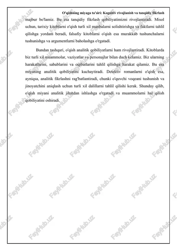a aylantiradi. shu bilan birga, raqamli texnologiyalar o'qishni interaktiv va qiziqarli qilmoqda. o'quv dasturlari, animatsion kitoblar va o'yinlashtirilgan o'quv platformalari bolalarning o'qishga bo'lgan qiziqishini oshiradi. interaktiv elementlar (savollar, testlar, muhokamalar) o'qishni passiv jarayondan aktiv jarayonga aylantiradi, o'quvchilarning tahlil qilish, fikrlash va muhokama qilish qobiliyatlarini rivojlantiradi. statistikaga ko'ra, interaktiv o'quv platformalaridan foydalanadigan bolalar o'qish bo'yicha an'anaviy usullardan foydalanadigan bolalarga nisbatan ko'proq yutuqlarga erishmoqda. o'qish odatini shakllantirish va kelajak tendentsiyalari xulosa shunday qilib, o'qish odati miyaga sezilarli ta'sir ko'rsatadi, kognitiv qobiliyatlarni rivojlantiradi, tanqidiy fikrlashni kuchaytiradi va empatiya darajasini oshiradi. bundan tashqari, u shaxsiy qarashlarimizni shakllantirishda, ijtimoiy ongga ta'sir o'tkazishda va til ko'nikmalarini boyitishda muhim rol o'ynaydi. o'qishning nafaqat miya faoliyatiga, balki umumiy psixologik holatga ham ijobiy ta'siri borligi, uni kundalik hayotimizga singdirish naqadar muhimligini ko'rsatadi. menimcha, bu tadqiqot o'qishning nafaqat bilim olish vositasi, balki shaxsiy o'sish va jamiyatning rivojlanishiga hissa qo'shadigan kuchli omil ekanligini tasdiqlaydi. shaxsan men, o'qish odatini shakllantirish va uni …