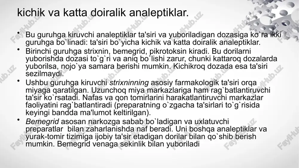 iladi. buyurilishi: 0, 1 g dan kuniga 2-3 marta ichiladi; 0, 2 g dan teri ostiga va venaga bir marta yuboriladi, bir kecha-kunduzda –0, 5 g. kordiamin (sordiaminum). dietilamid nikotin kislota (25 % li) 1 va 2 ml dan ampulada, 10 va 30 ml dan flakonda chiqariladi. buyurilishi: ovqat-dan oldin 20 tomchidan 2-3 marta ichish uchun, teri ostiga, mushaklar orasiga va venaga 1-2 ml dan yuboriladi. yuqori dozasi: ichish uchun va teri ostiga bir martalik dozasi 2 ml (60 tomchi), bir kecha-kunduzlik-6 ml (80 tomchi). bemegrid (bemegridum). 2-metil-2-etilglutarmid. 0, 5 % li eritmasi 10 ml ampulada chiqariladi. buyurilishi: 0, 5 % li eritmasi 1-20 ml dan sekin-asta venaga yuboriladi. kamfora (camphorae). 1, 7, 7-trimetilbitsiklo-(2, 2, 1) 1 geptan-2-on. 20 % yog`li eritmasi 1 va 2 ml dan ampulada in'ektsiya uchun. buyurilishi: 0, 1-0, 2 g dan kapsulalarda 2-3 marta ichish uchun beriladi. 1-5 ml dan teri ostiga va mushaklar orasiga …