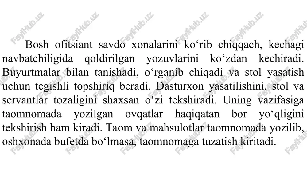 agi qoidalarga rioya qilishlari darkor, bordiyu ular intizomni buzsa, boshqalar dam olishiga halal bersa, bosh ofitsiant ularga xizmat qilishni to‘xtatib qo‘yishi mumkin. restoranda bo‘ladigan ba’zi anglashilmovchiliklarni ham bosh ofitsiant hal qiladi. quyidagi muammoli vaziyatni ko‘rib chiqamiz: mijozlardan biri buyurtma qabul qilmaganligi uchun ofitsiantdan norozi bo‘ldi. chuchvara yeyishni xoxlab qoldi. chuchvara taomnomada bor, ammo tarqatishda tamom bo‘lgan. restoran yopilishiga hali 4 soat vaqt bor. bosh ofitsiant mijozga chuchvara tayyorlash uchun ancha vaqt talab qilinadigan ayrim boshqa taom tavsiya qiladi. ammo mijoz norozi. bunday holatlarda bosh ofitsiant mijozdan kechirim so‘raydi. bosh ofitsiant taom tayyorlashni buyuradi. mijoz kutmay ketib qoladi. ishlab chiqarish kengashida vaqtida taom tayyorlamagani uchun oshpaz muhokama qilinadi. bosh ofitsiant huquqi: ofitsiant qoidani buzsa, uni ishga qo‘ymaslik, hatto ishdan chetlatishi, bu haqda restoran rahbariyatiga ma’lum qilish; ovqat berilishida yoki shakllantirilishida qoidaga rioya qilinmasa, taomnomani ishlab chiqarishga qaytarish; nuqsonli taomni, hatto mijoz e’tiroz bildirmasa ham, almashtirishni talab qilish; tajribali va malakali ofitsiantlarni, …
