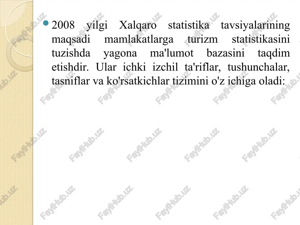 midan boshqa shaxsni tayyorlash va safar chog‘ida, shuningdek belgilangan joyda bo‘lish chog‘idagi iste’mol qilingan harajatlarning umumiy summasidir. turistik xarajatlar tarkibi. turistik harajatlar tarkibi. turizm statistikasi bosh muommolaridan biri turistik harajatlar tarkibini tartibga solish bo‘lib hisoblanadi. bu tashrif buyuruvchi qilgan xarajatlar vaqti (tayyorlanishda, safar chog‘ida yoki oxirida), shuningdek turizm tipi bilan shartlangan. tegishli ravishda ichki turistik harajatlar ajralib turadi. bu rezidentlarni o‘z mamlakati va xalqaro miqyos bo‘ylab qiladigan sayohatlari bilan bog‘liq. uning ahamiyatini tushunish uchun tashrif buyuruvchini o‘z joyidan ko‘zda tutilgan mamlakatga yo‘naltirilgan harakati iqtisodiy tabiatni bilish muhimdir. btt materiallarida xalqaro turistik harajatlar doimiy-yashovchilarning u yoki bu mamlakatga xorijga sayohati vaqtida qilgan harajatlariga qarab aniqlanadi. boshqlar qatorida unga xalqaro tashish bo‘yicha chet el kompaniyalari xizmatlari, shuningdek chetdan sotib olingan tovarlar va xizmatlar uchun oldindan haq to‘lash qo‘shiladi. turistik harajatlar muvaffaqiyatligini ta’minlash va unifikatsiyalash maqsadida btt quyidagi guruhlashni tavsiya etadi: 1. tarikibiy elementlarga bo‘linmasdan turib, yagona narxda amalga oshiriladigan xizmatlarni o‘z ichiga …