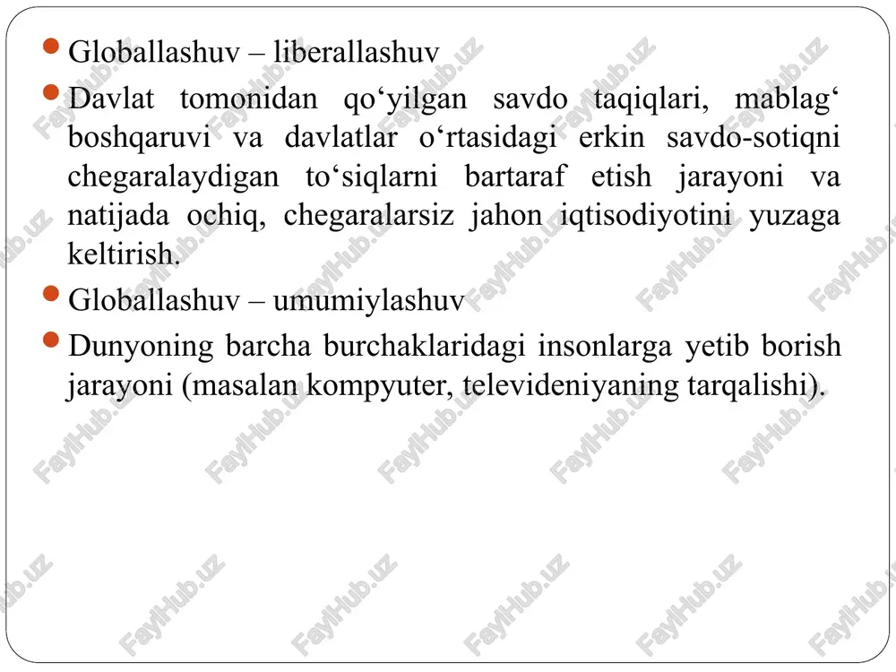 da yoki arendaga olishmoqda. bu o‘z navbatida mahalliy aholi o‘rtasida yashash tarzi sharoitlarining yomonlashishiga ham sabab bo‘lmoqda. g‘arb madaniyatiga taqlid. asosan rivojlanayotgan davlatlardan bo‘lgan iste’molchilar davlatlar standartiga mos maxsulotlar va xizmatlarga qiziqishi ortmoqda. ular o‘zlarining ijtimoiy mavqelari, o‘zlariga bo‘lgan bahoni oshirish uchun g‘arb iste’molchilariga taqlid qilishadi. turizm maxsulotining standartlashuvi va mahalliy standartlarning yo‘qolishi. globallashuv jarayoni oziq-ovqat, kiyim-kechak, musiqa va sayyohlik maxsulotlarining bir xillashuviga olib keladi. va buning natijasida ko‘plab insonlar global maxsulotni talab qilib evaziga esa mahalliy istemolchi fikrini, maxsulot sifatini boshqalardan ajralib turish xususiyatini boy bermoqdalar. atrof-muhit, ekologiyaga zarari. global sanoat oqibatida atrof muhitga misli ko‘rilmagan darajada zarar yetkazilmoqda. yer, dengizlar va havo tijoriy bahoga ega bo‘ldi. ko‘plab fermer va baliqchilik bilan shug‘ullanuvchi markazlar savdo markazlari, dam olish maskanlari va shunga o‘xshash inshootlarga aylantirilmoqda. bunday o‘zgarishlar esa o‘z navbatida bu joylarning mahalliy aholiga emas, yuqoridagilarni tashkil qilganlarning foydasiga ishlashi mahalliy aholi o‘rtasida noroziliklarga sabab bo‘lmoqda. globalizatsiya va turizm industriyasi …