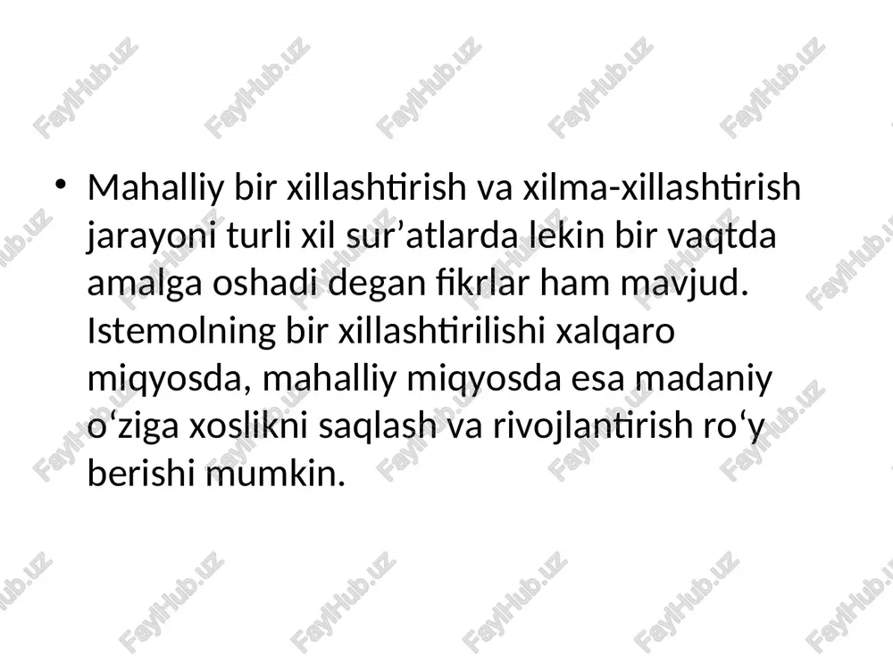 ladi, ammo boshqa madaniyatlar bilan aloqada o'z cho'qqisiga chiqadi. 8. madaniy buyumlar va xizmatlar - maxsus mulk tovarlari ijodkorlik va innovatsiyalar uchun katta imkoniyatlar ochadigan hozirgi iqtisodiy va texnikaviy o'zgarishlarda ijodiy taklifning xilma-xilligiga, mualliflar va ijodiy xodimlarning huquqlarini odilona ko'rib chiqishga, shuningdek o'ziga xoslik, qadriyatlar va o'ziga xoslik tashuvchisi bo'lgan madaniy tovarlar va xizmatlarning o'ziga xos xususiyatlariga alohida e'tibor qaratish lozim. ma'nosi, oddiy buyumlar yoki iste'mol mollari sifatida talqin qilinmasligi kerak. 9. madaniy siyosat ijodkorlikning katalizatori sifatida madaniyat siyosati g'oyalar va ishlarning erkin oqimini ta'minlab, madaniy va madaniy xizmatlarni turli xil ishlab chiqarish va tarqatish uchun qulay shart-sharoitlarni yaratishi kerak, ular mahalliy va global darajada ma'qullanishi uchun zarur bo'lgan mablag 'bilan ta'minlanadi. 10. madaniy mahsulotlarning ijodiy va global tarqalishini kuchaytirish madaniy tovarlarning global oqimlari va ularning almashinuvidagi hozirgi nomutanosibliklarni hisobga olgan holda, xalqaro hamkorlik va hamjihatlikni kuchaytirish kerak, buning asosida barcha mamlakatlar, shu jumladan rivojlanayotgan davlatlar va o'tish davrida bo'lgan …