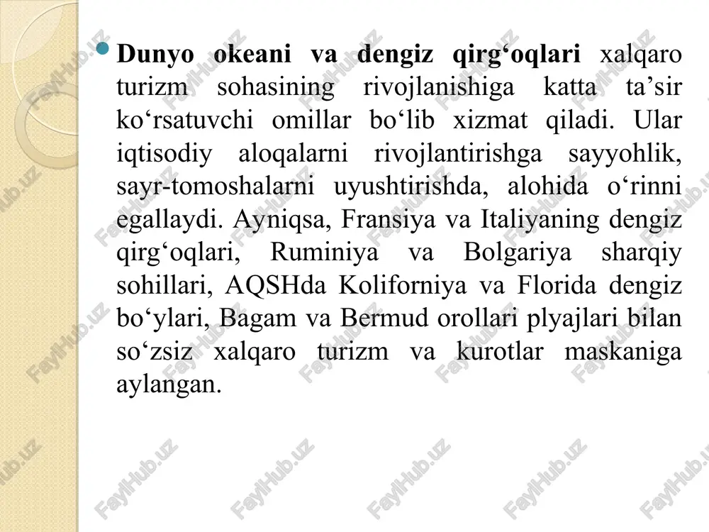 da turg‘unligi ko‘p hollarda xalqaro turizm oqimining yo‘nalishini belgilaydi. tabiiyki, davlatlararo turistlarni almashtirishda, mamlakatlar o‘rtasidagi o‘zaro kelishuvchilik munosabatlari ham muhim ahamiyatga ega bo‘ladi. ijtimoiy - demografik omillar. dunyo mamlakatlarida demografik jarayonlar (aholining tug‘ilishi, o‘limi, tabiiy ko‘payishi, aholi migratsiyasi kabilar) ham xalqaro turizm sohasining rivojlanishiga o‘z ta’sirini ko‘rsatadi. er sharining turli davlatlarida, hududlarida va mintaqalarida aholi sonining ko‘payib borishi, ayniqsa shahar aholisi aglomeratsiya doirasining borgan sari kengayib borishi kishilarning dam olishi va sayyohlikka chiqishni taqazo qiladi. shu borada turizmning rivojlanishiga ta’sir etuvchi demografik omillarni quyidagicha ifodalash mumkin: dunyo xalqlaridagi bir-biriga o‘xshashlik bo‘lish umumiy tomonlari, ularning qiziqishlari h.k; ayrim malakaviy sohalardagi kishilarning maxsus sayyohlik guruhda faol ishtirok etishning kuchayib borishi; turizm tarkibidagi xotin-qizlar va yoshlar salmog‘ining ortib borishi; xalqaro ahamiyatga ega bo‘lgan kurort va sanatoriyalar tarmog‘ining ko‘payib borishi, ularda davolanishga moil bo‘lgan kasallar sonining ortib borishi; kishilarning atrof muhitga bo‘lgan qarashlari, tushunchalari va munosabatlarning o‘zgarib borishi h.k. juda katta rol o‘ynaydi. sayohat …