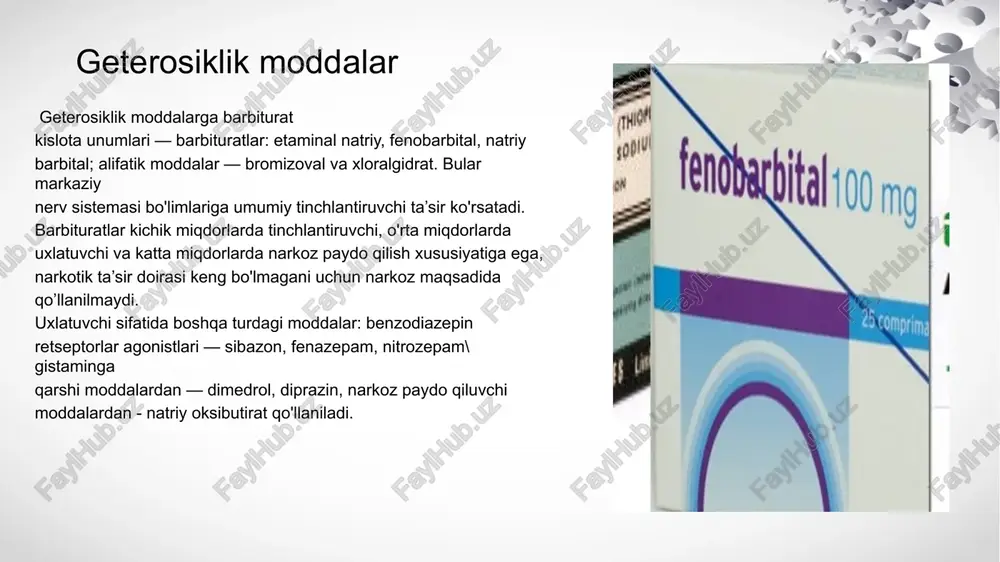 ng o'zgarishiga olib keladi. talvasa holatlari dori moddalar bilan zaharlanganda, tutqanoq kasalligida ro'y beradi. talvasaga parkinsonizm holatlari ham kiradi, bunda mushaklar harakati kamayadi, bemor beixtiyor qaltiraydi. turli xil talvasalar bolalarda, kichik yoshdagj bolalarda kattalarga nisbatan 5-6 marta ko'proq uchraydi. ularda talvasa tana harorati oshganda, moddalar almashinuvi (uglevod, mineral) buzilganda, tana suvsizlanganda, tutqanoq va boshqalarda uchraydi. yosh bolalaming talvasaga moyilligi, ulaming markaziy nerv sistemasi mukammal rivojlanmaganidan, gematoensefalik to'siqning o'tkazuvchanligi oshiqroq bo'lganida, nerv to'qimalari yetarli miyelinizatsiya hamda gamk faolligi yetarli bo'lmaganidan kelib chiqadi. talvasaga qarshi moddalar 3 guruhga bo’linadi: 1. talvasa belgilariga qarab, ya’ni simptomatik davolash uchun qo'llaniladigan moddalar. 2. tutqanoqqa qarshi moddalar. 3. parkinsonizm holatida qo'llaniladigan moddalar. talvasa belgilari har xil sabablar (kasalliklar, zaharlanish) tufayli kelib chiqadi, bunday talvasa yuqorida aytilganidek, bolalarda ko'proq uchraydi, ular narkotik hamda uxlatuvchi moddalar yordamida davolanadi, markaziy nerv sistemasi bo'limlarida sinaptik o'tkazuvchanlikni kamaytiradi, miya po'stlog'ida motor sohalar faoliyatini hamda reflektor faollikni pasaytiradi. talvasani bartaraf etish talvasa …