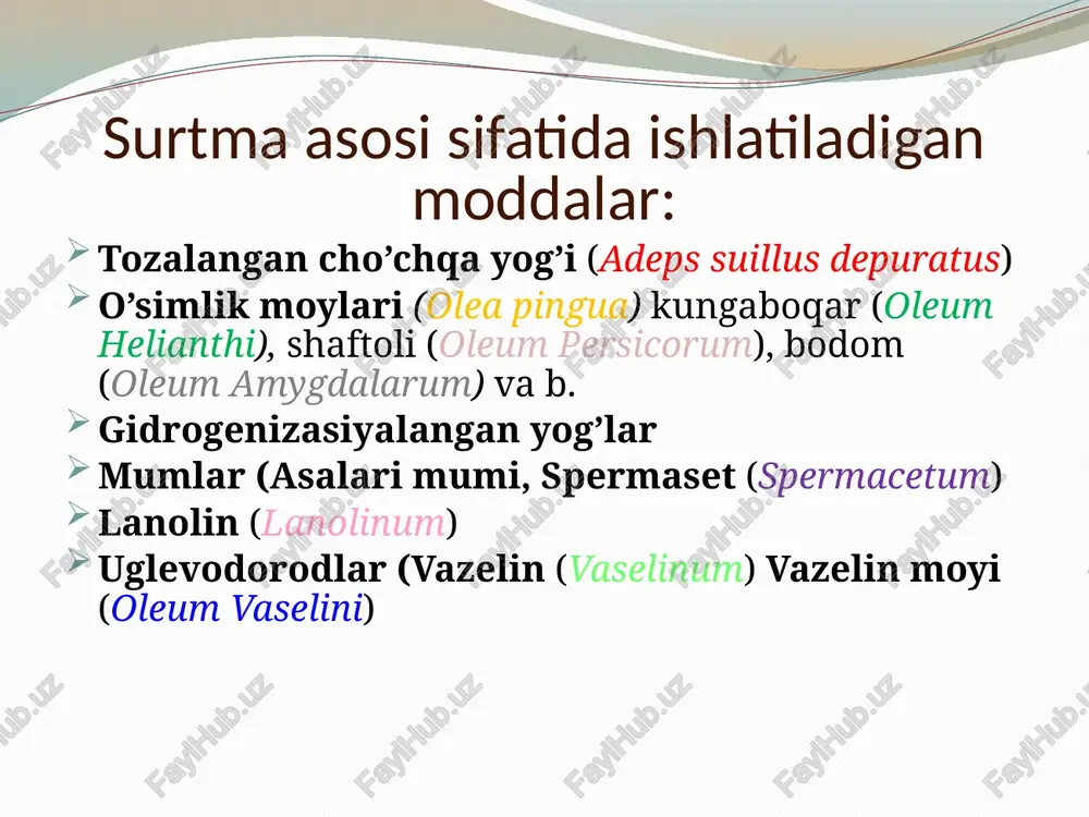 10,0 75,0 – x x=75*10/100=7,5 metilsalisilat rp.: olei terebinthinae 3,75 methyli salicylatis 7,5 olei gossypii ad 75,0 m.f. linimentum d.s. jarohatlangan teriga surtish uchun ofisinal linimentlar misol. 5% li 25,0 ofisinal sintomisin linimentga resept yozilsin, yaralarga surtish buyurilsin. rp.: linimenti synthomycini 5%-25,0 d.s. yaralarga surtish uchun. shamchalar (suppozitoria) (suppositorium, suppositoria) shamchalar mahalliy va rezorbtiv samara olish uchun to’gri ichak (suppositoria rectalia), qin (suppositoria vaginalia) bo’shlig’iga qo’yish uchun ishlatiladi. bundan tashqari siydik yo’llari, bachadon bo’yniga qoyish uchun tayoqchalar (bacilli) ham mavjud. shamchalarni tayyorlashda asos sifatida qitiqlovchi ta’sirga ega bo’lmagan, tana haroratida eriydigan va shilliq qavat orqali yomon so’riladigan, shuningdek dori moddalari bilan kimyoviy reaksiyaga kirishmaydigan asoslar tanlash zarurdir. bunday talablarga: 1) kakao moyi (oleum cacao) va 2) butirol (butyrolum); 3) jelatin-gliserinli massa (massa gelatinosa); 4) polietilenoksid (polyaethylenoxydum); 5) yapon korichnik moyi (oleum cinnamoni pedunculari) javob beradi. to`gri ichak shamchalari konus yoki silindr shaklida bo’lib, og’irligi 1,1 dan 4,0 gacha bo’ladi. ofisinal …